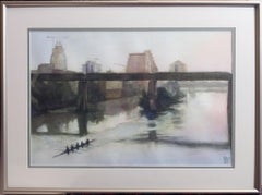 "Crew Rowing on Lady Bird Lake" Expressive Watercolor of Austin Texas Cityscape