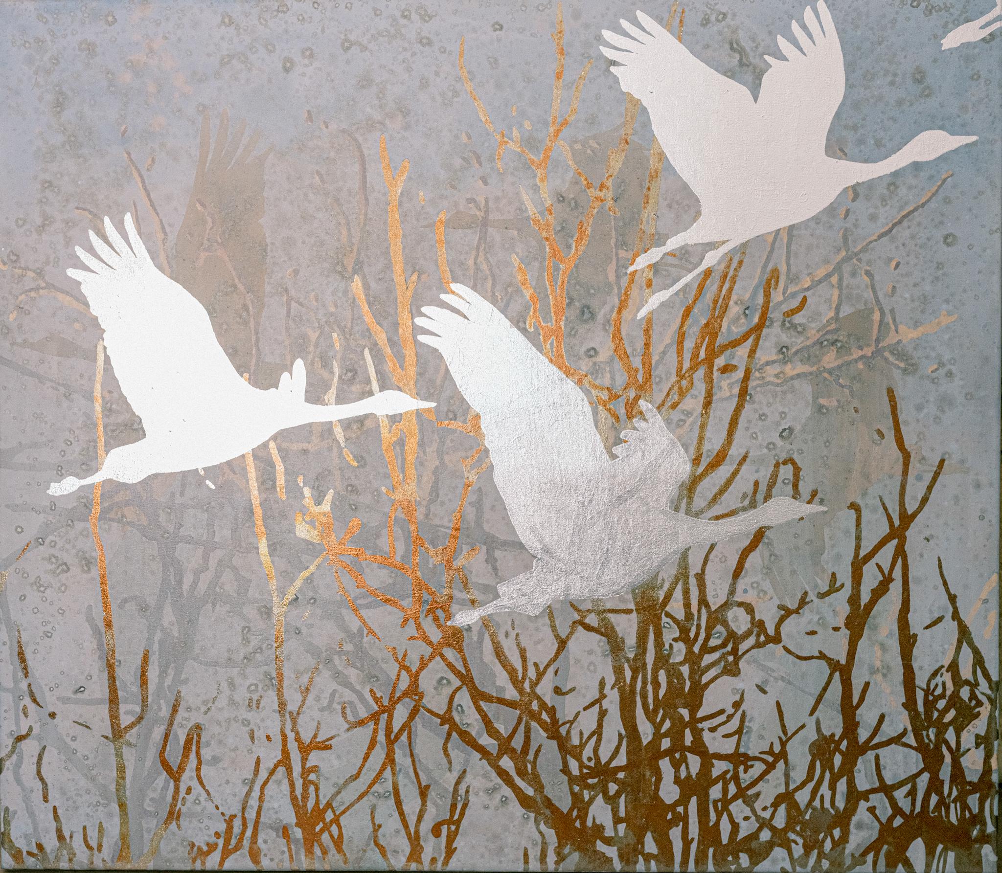 "Migration of Silver Geece" Großes Gemälde von Vögeln und Bäumen mit Blattgold