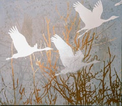 "Migration of Silver Geece" Large Painting of Birds and Trees with Gold Leaf