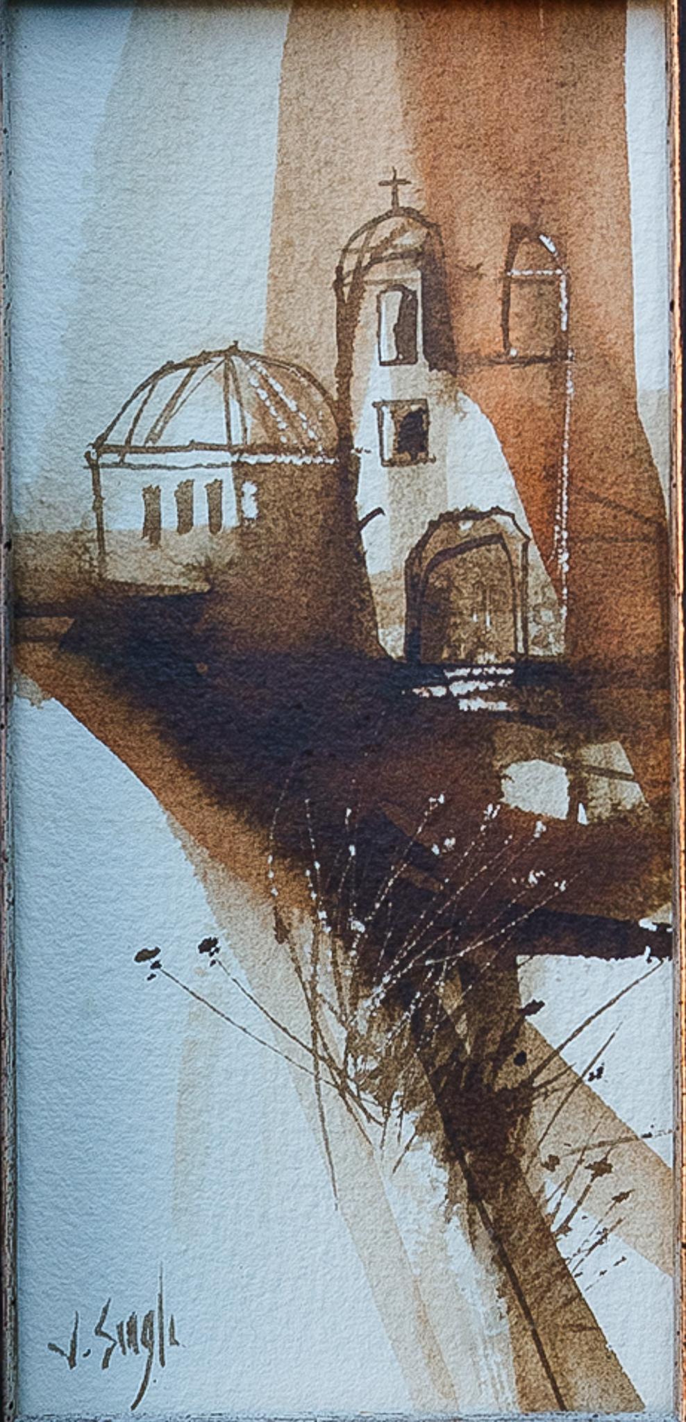 "Spanish Colonial Church" Small Thoughtful Gestural Watercolor in Burnt Sienna