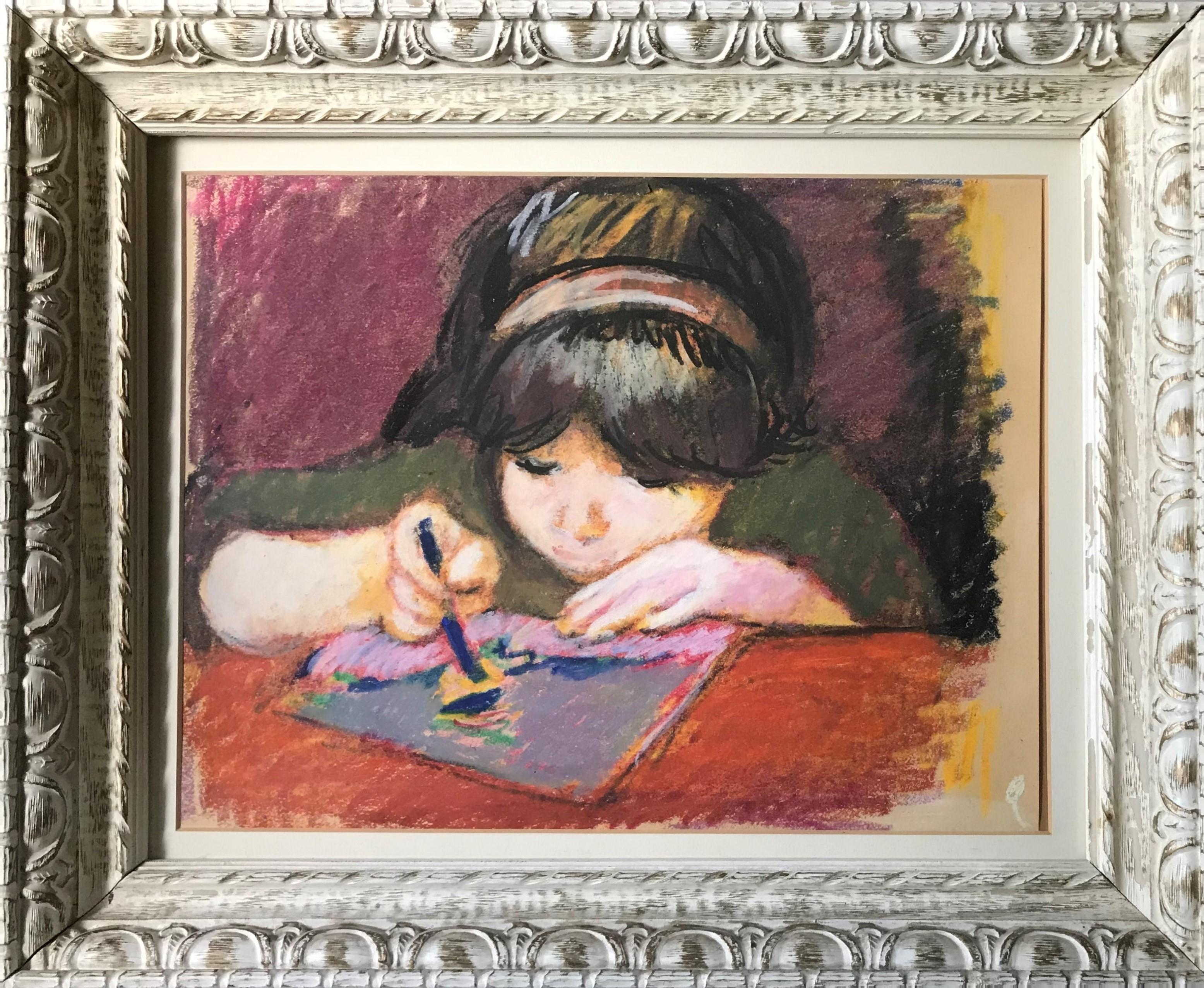 girl drawing with crayons