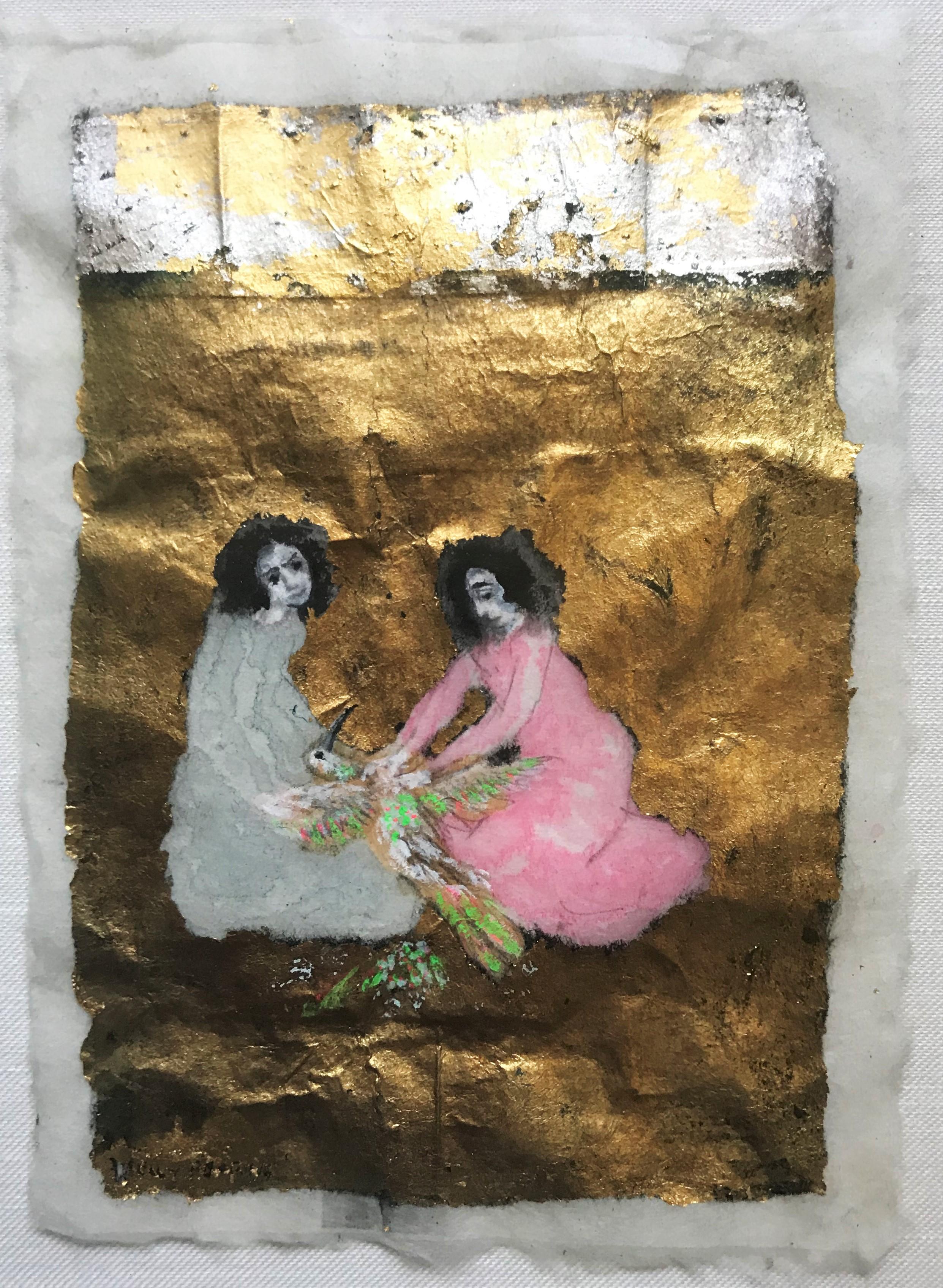  Two Women Plucking a Bird, Watercolor with Gold Leaf, 1971 - Mixed Media Art by Kelly Fearing