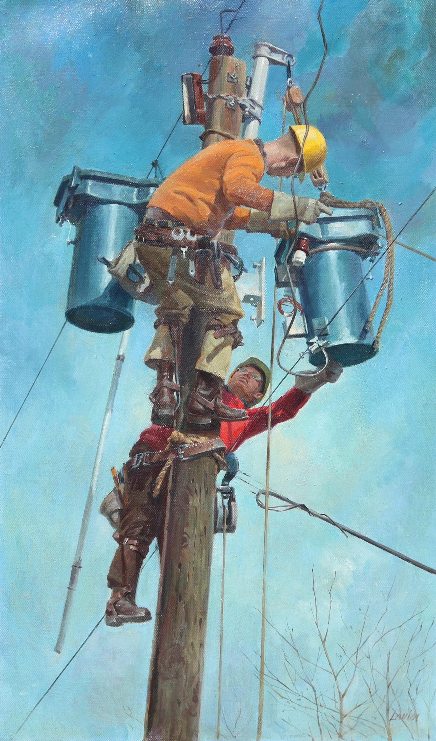 Hanging the Transformers - Painting by Robert Lavin