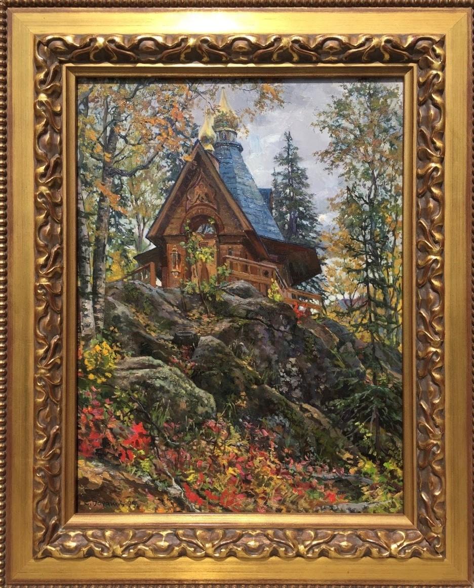 Russian Orthodox Church in the Mountains - Painting by Evgeny Baranov