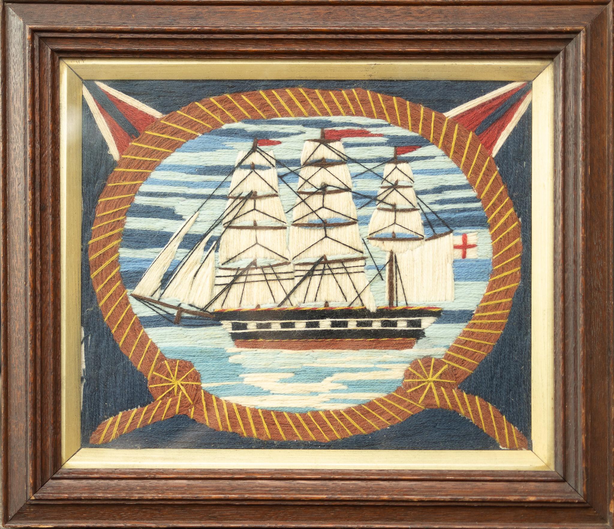 Rope Framed 19th Century Woolie featuring English Ship - Folk Art Art by Unknown
