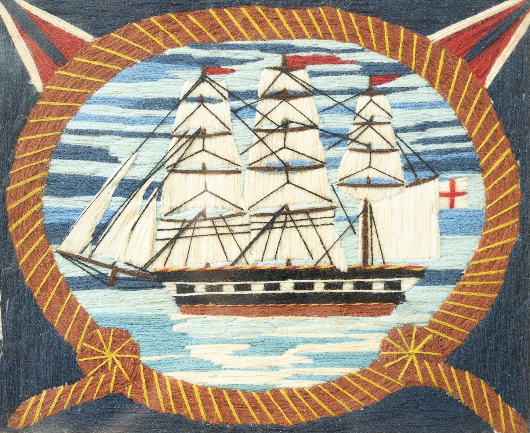 Rope Framed 19th Century Woolie featuring English Ship - Art by Unknown
