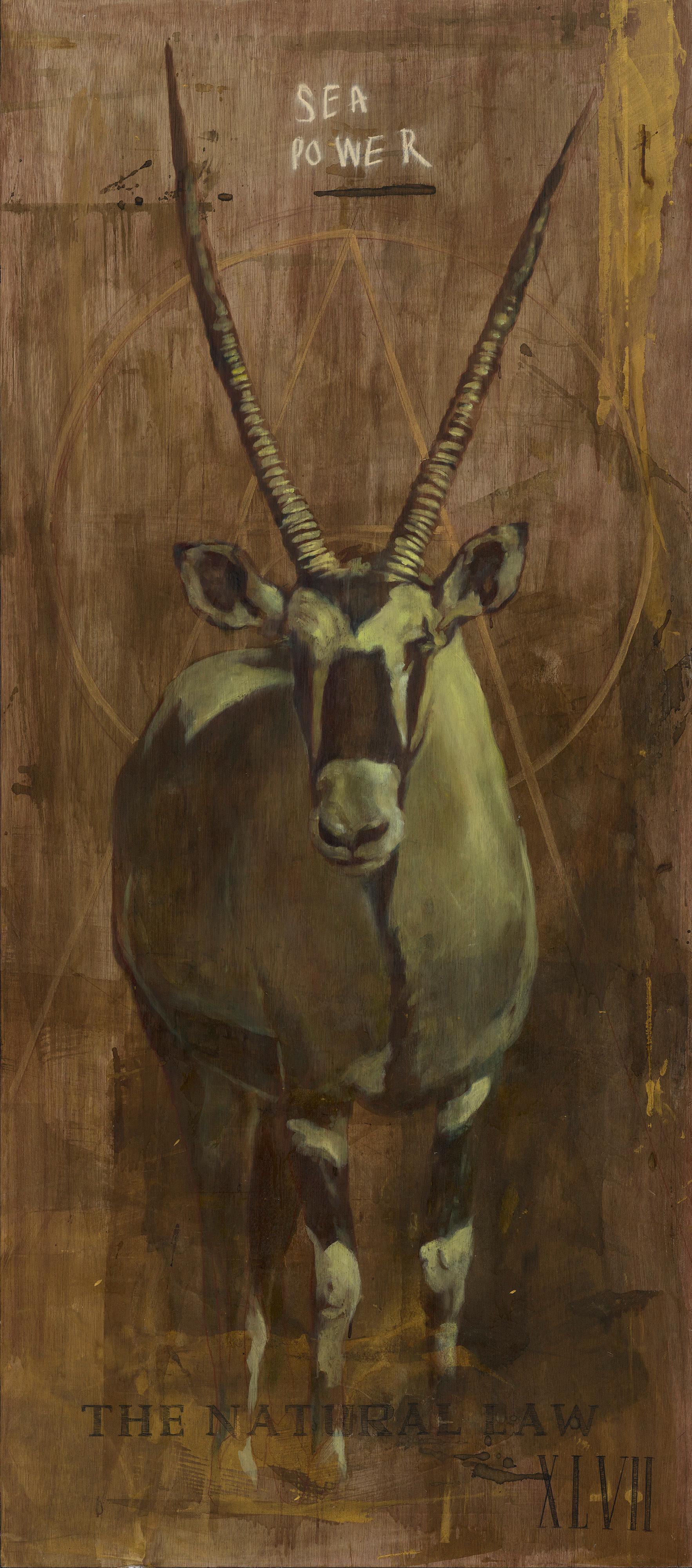 Peinture à l
encre, au graphite et à l
huile sur bois, encadrée en brun foncé par l
artiste sud-africaine Faith XLVII, basée à Los Angeles.

Faith XLVII est une artiste visuelle sud-africaine de renommée internationale, actuellement installée à Los