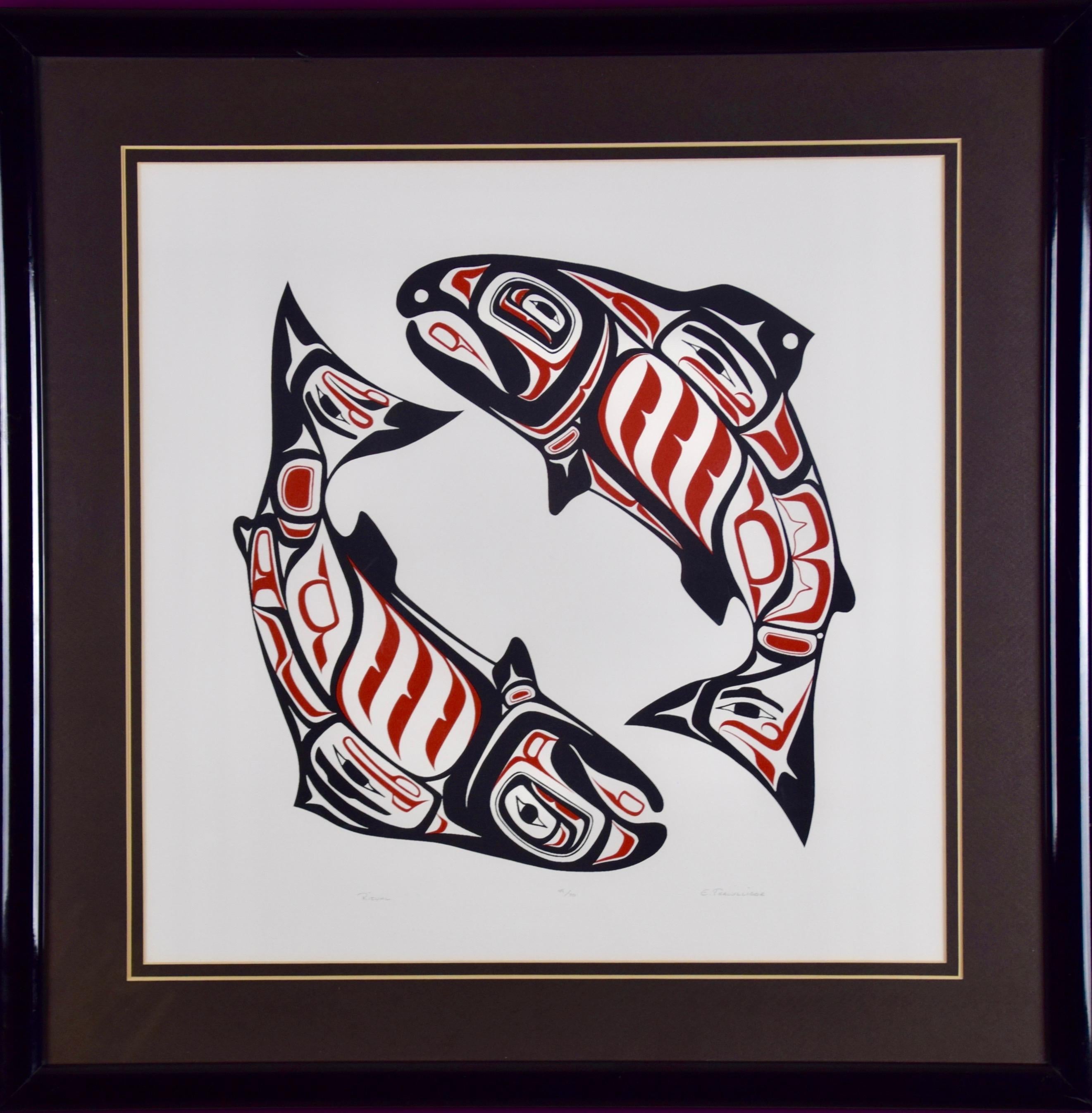  M. Shields   Figurative Print - An Inuit Abstract Stonecut Engraving of Salmon Fish entitled "Ritual"