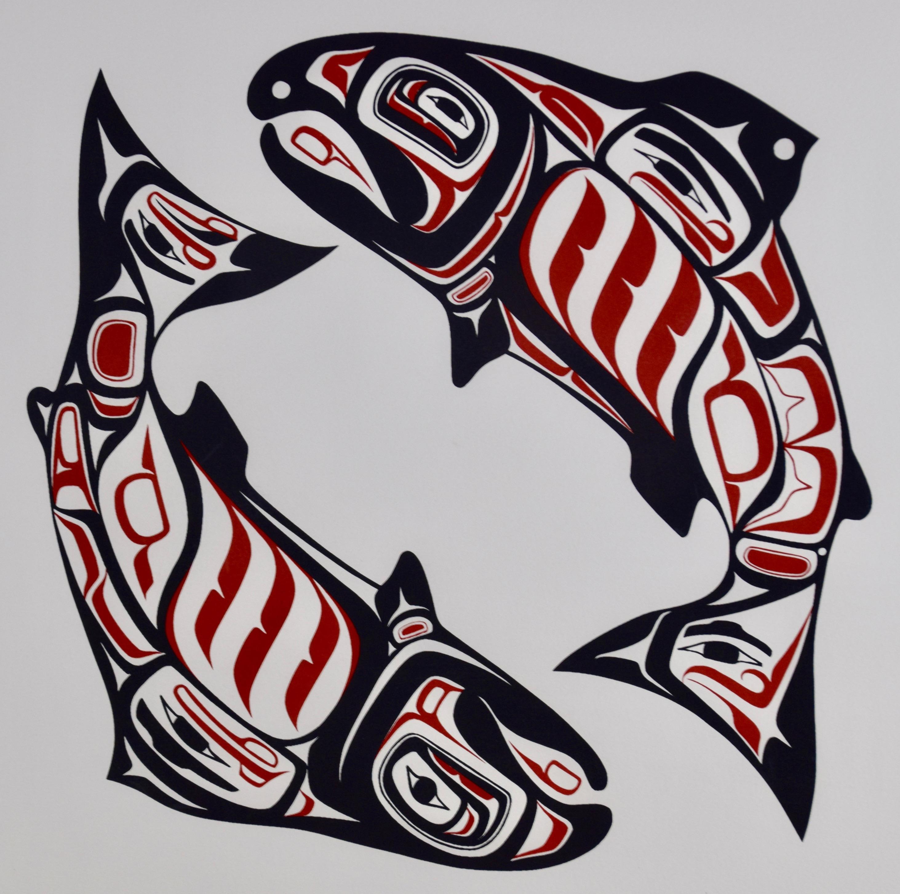 An Inuit Abstract Stonecut Engraving of Salmon Fish entitled 