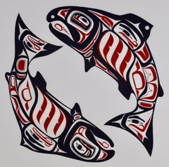 An Inuit Abstract Stonecut Engraving of Salmon Fish entitled "Ritual"