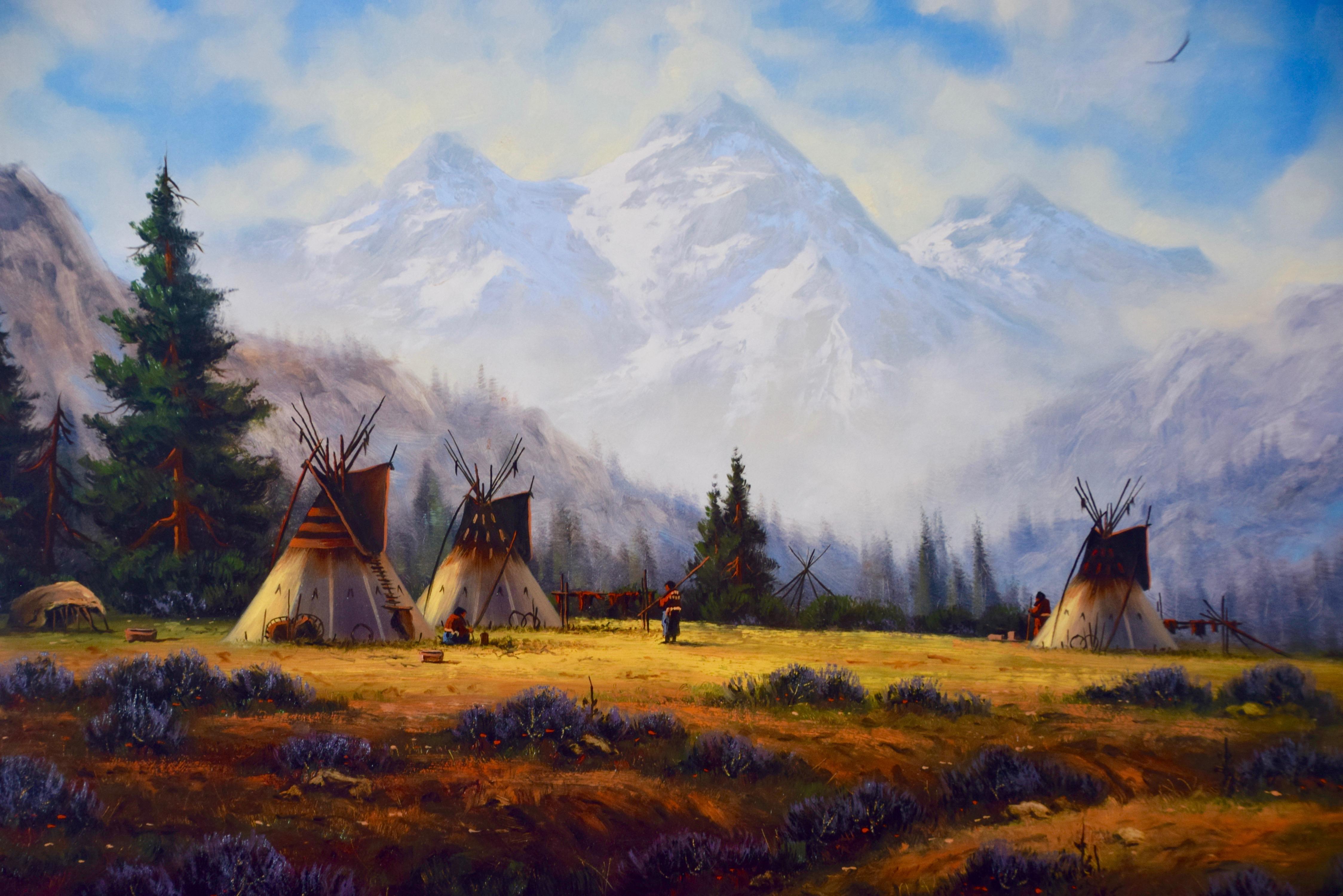 Accampamento di nativi americani in una valle, stampa firmata Hartwig in edizione limitata - Print di Heine Hartwig