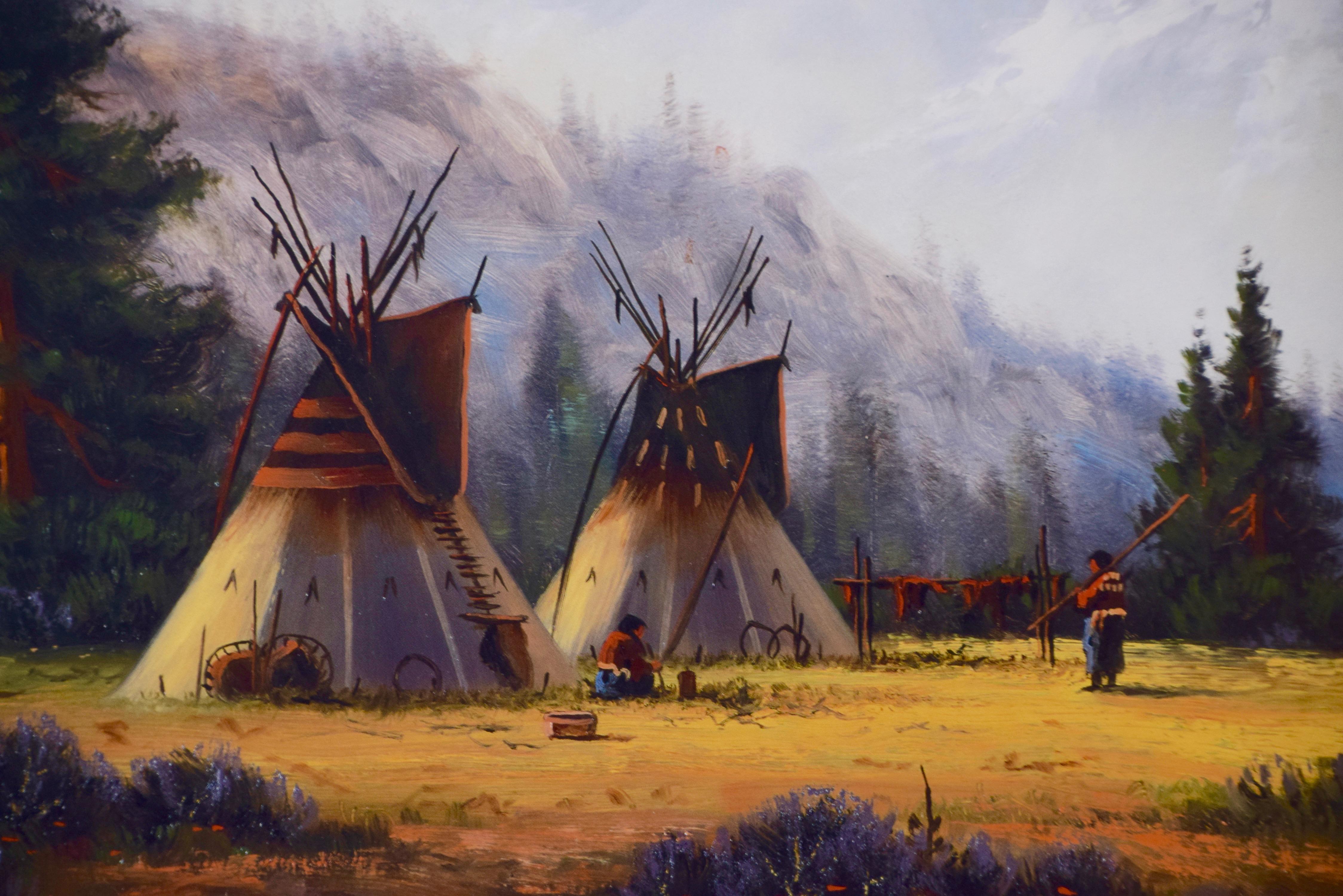 Accampamento di nativi americani in una valle, stampa firmata Hartwig in edizione limitata - Print Romantico di Heine Hartwig