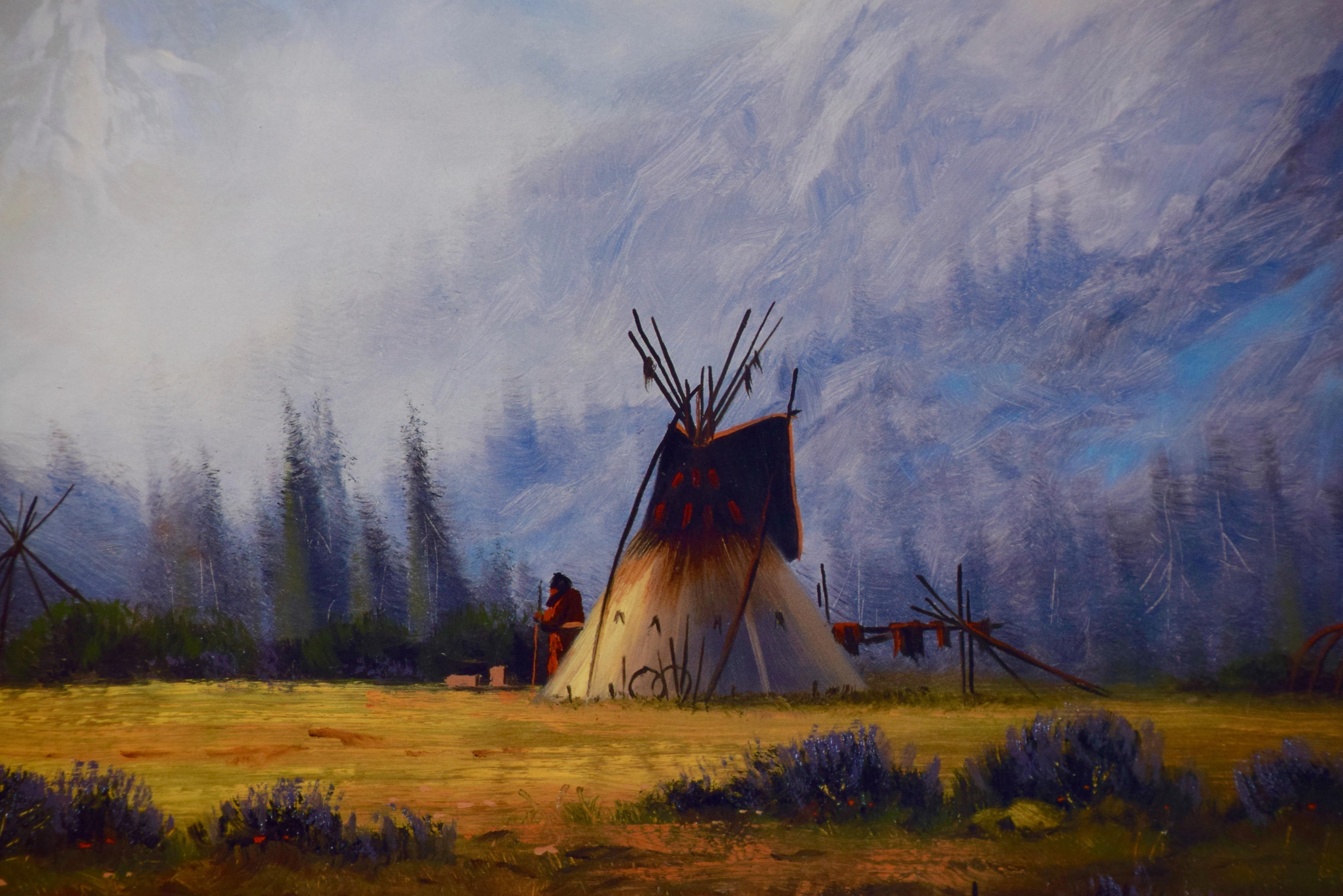Accampamento di nativi americani in una valle, stampa firmata Hartwig in edizione limitata - Landscape Print Nero di Heine Hartwig