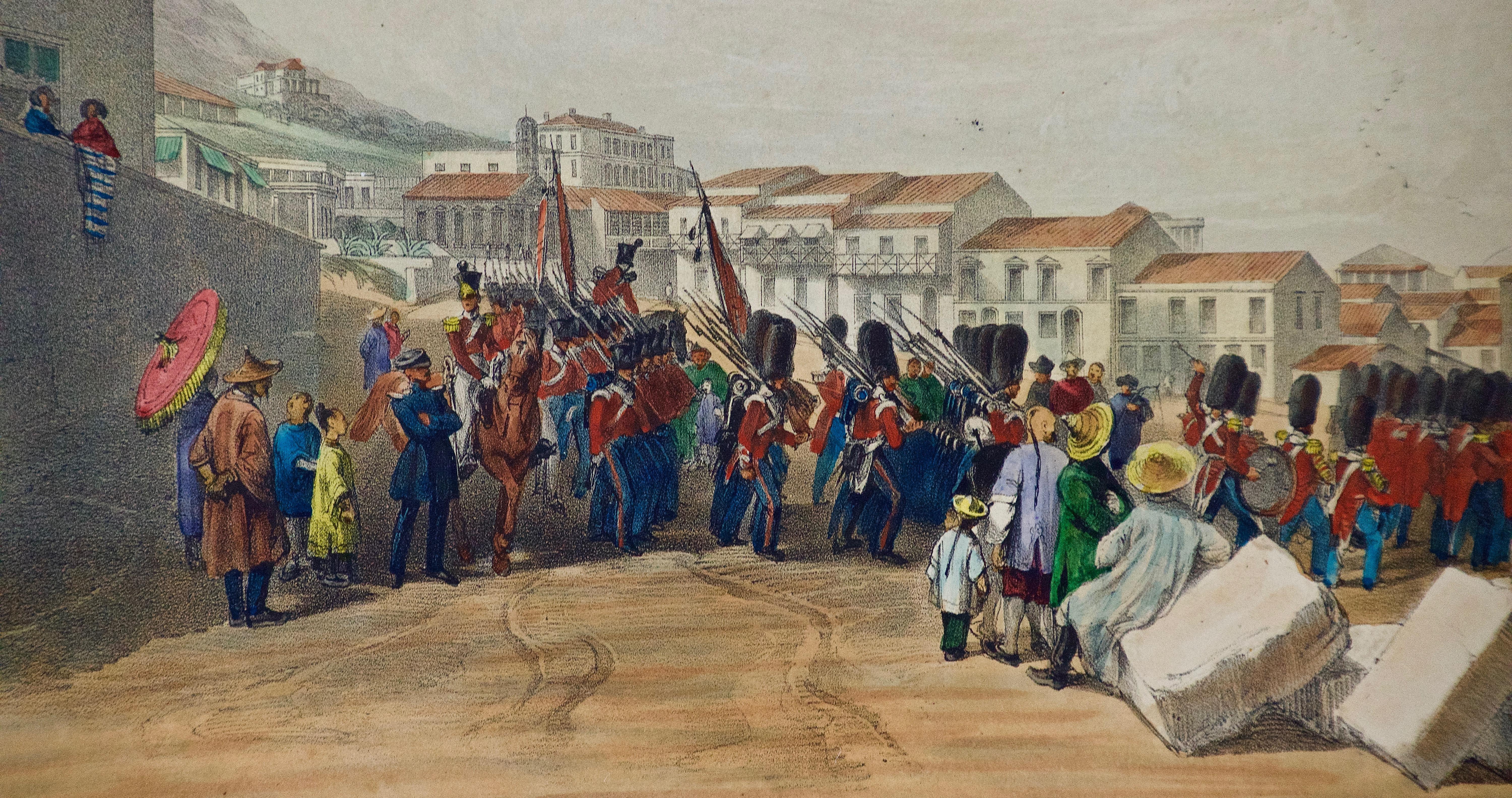Architectural View of Lyndhurst Terrace, Hong Kong, A Colored Lithograph - Gray Landscape Print by Murdoch Bruce