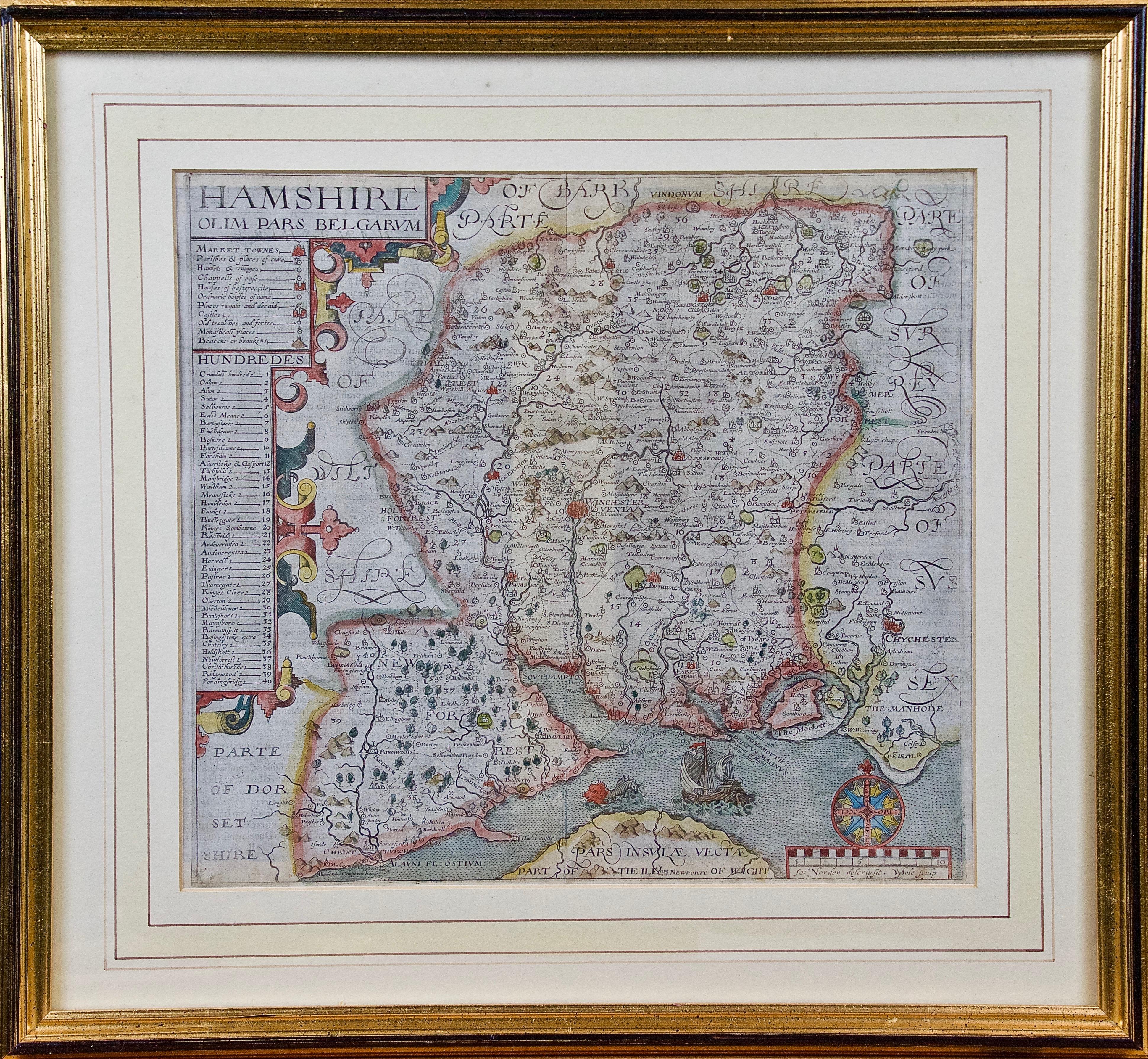 Map of Hampshire County, Britain/England, from Camden's" Britannia" in 1607  - Print by John Norden
