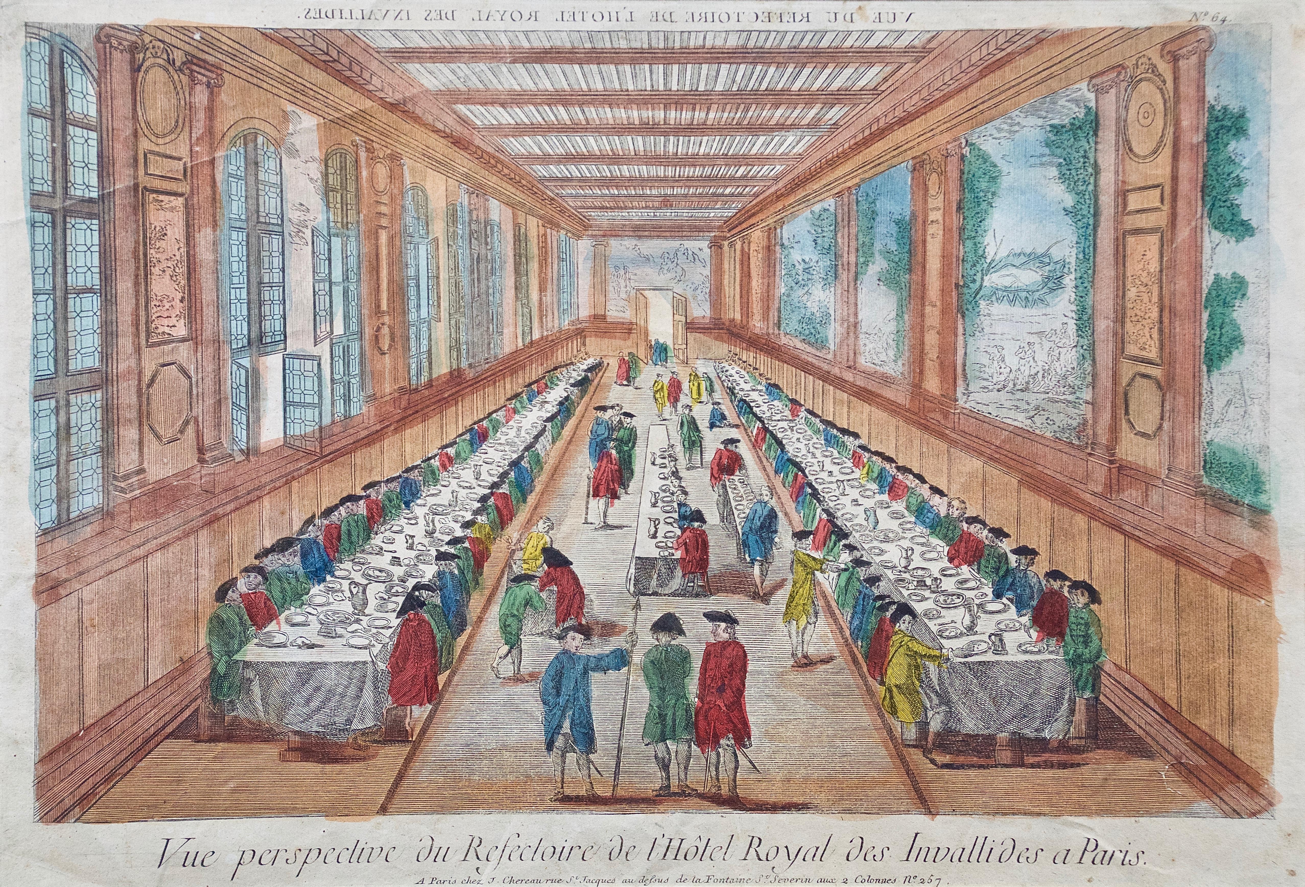 Hand Colored Vue d'optique of the Hotel des Invalides Dining Room in Paris - Print by Jacques Chereau