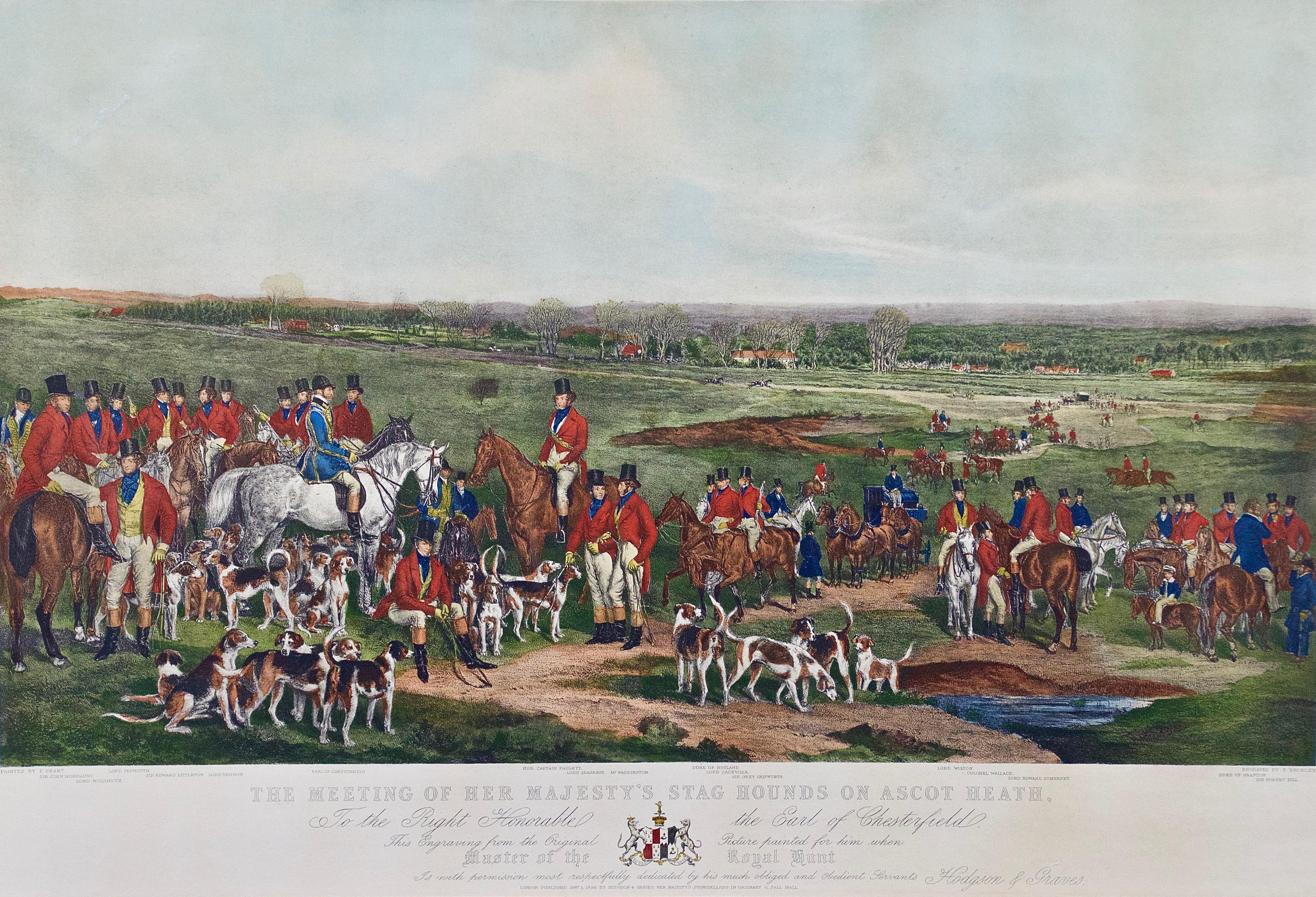Her Majesty's Stag Hounds on Ascot, A Colored 19th Century British Hunting Scene - Print by Francis Grant 