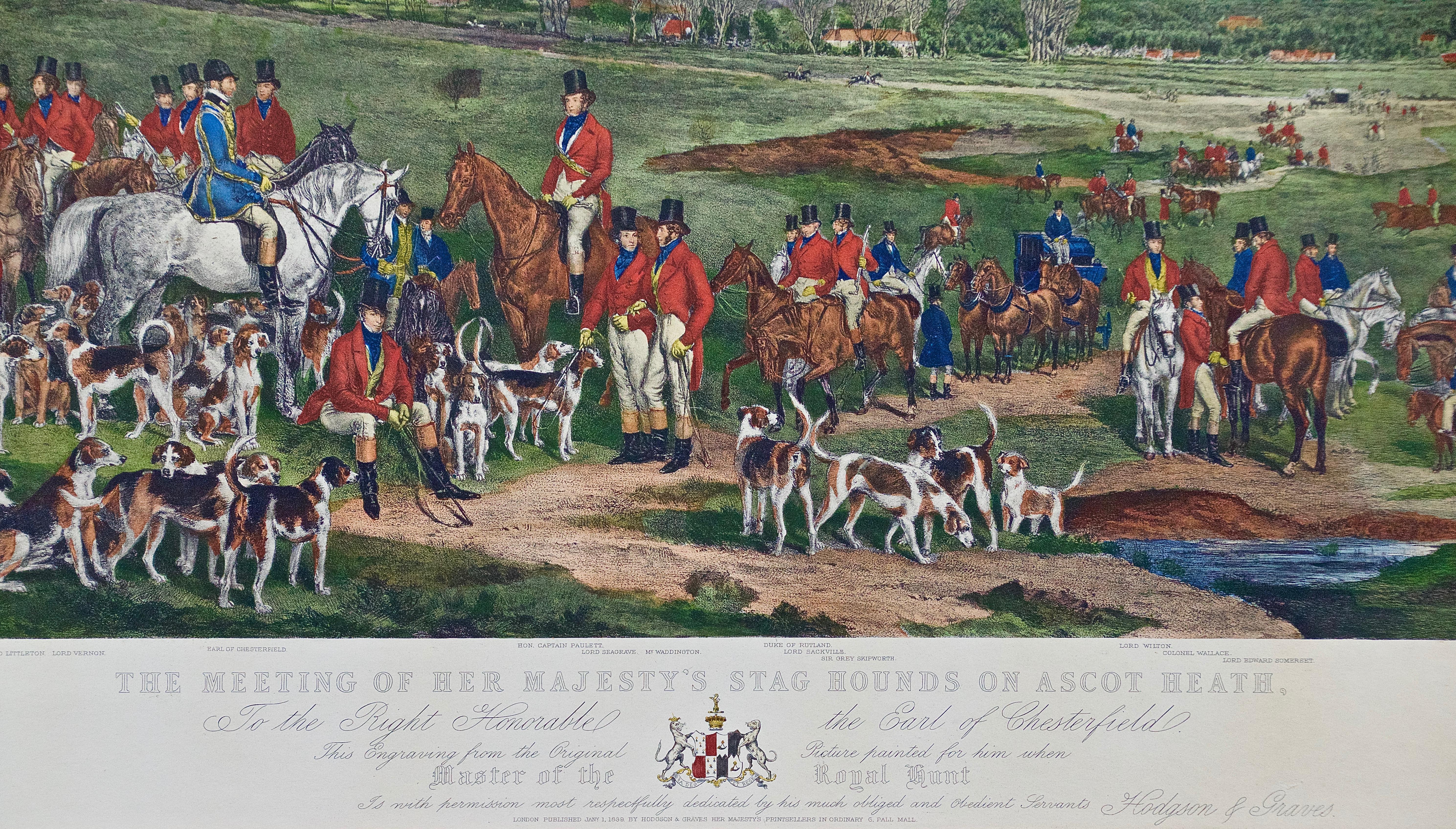 Les chiens de chasse de Sa Majesté sur Ascot, scène de chasse britannique colorée du 19e siècle en vente 1
