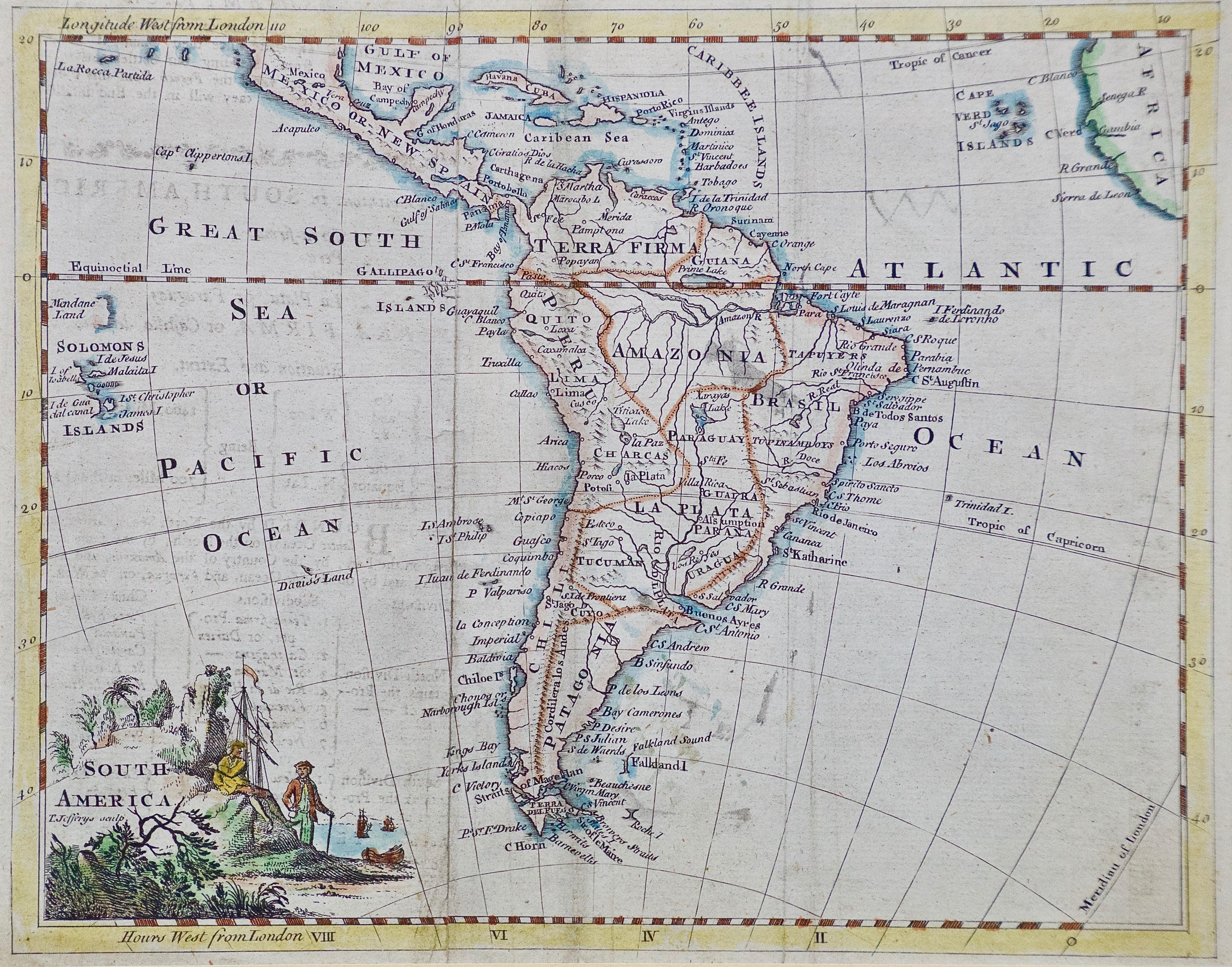 This detailed hand colored map of South America by Thomas Jefferys was published in London in 1750. The map shows countries, early colonial possessions, towns, rivers, mountains, and adjacent islands as they were known or imagined at the time. The