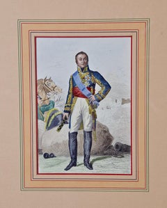 Gravure ancienne en acier coloré à la main représentant le Marshal de l'Empire sous Napoléon