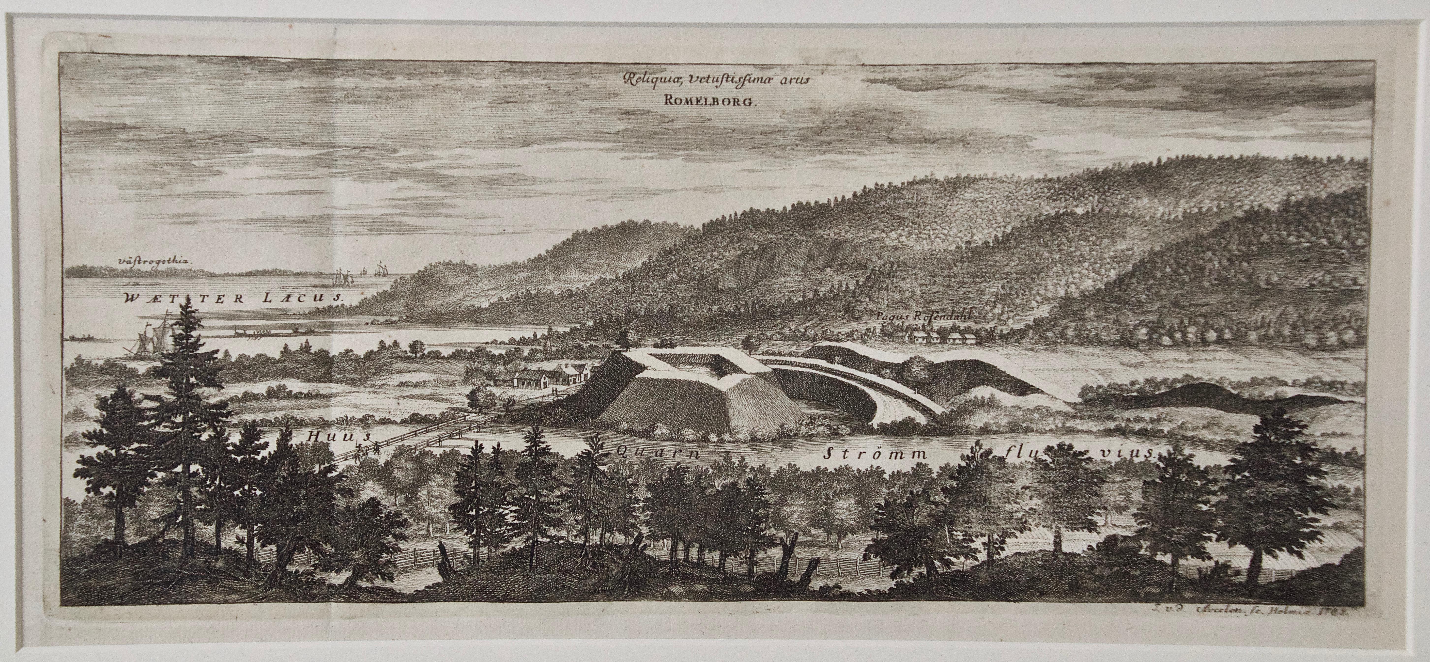 Une vue gravée ancienne de "Romelborg", Suède, en 1705, tirée de "Sueciae Antiquae et Hodiernae" publiée à Stockholm par Erik Dahlberg  (1625-1703). La gravure a été créée par Johannes V. D. Aveelen (1650-1727), qui était un graveur sur cuivre