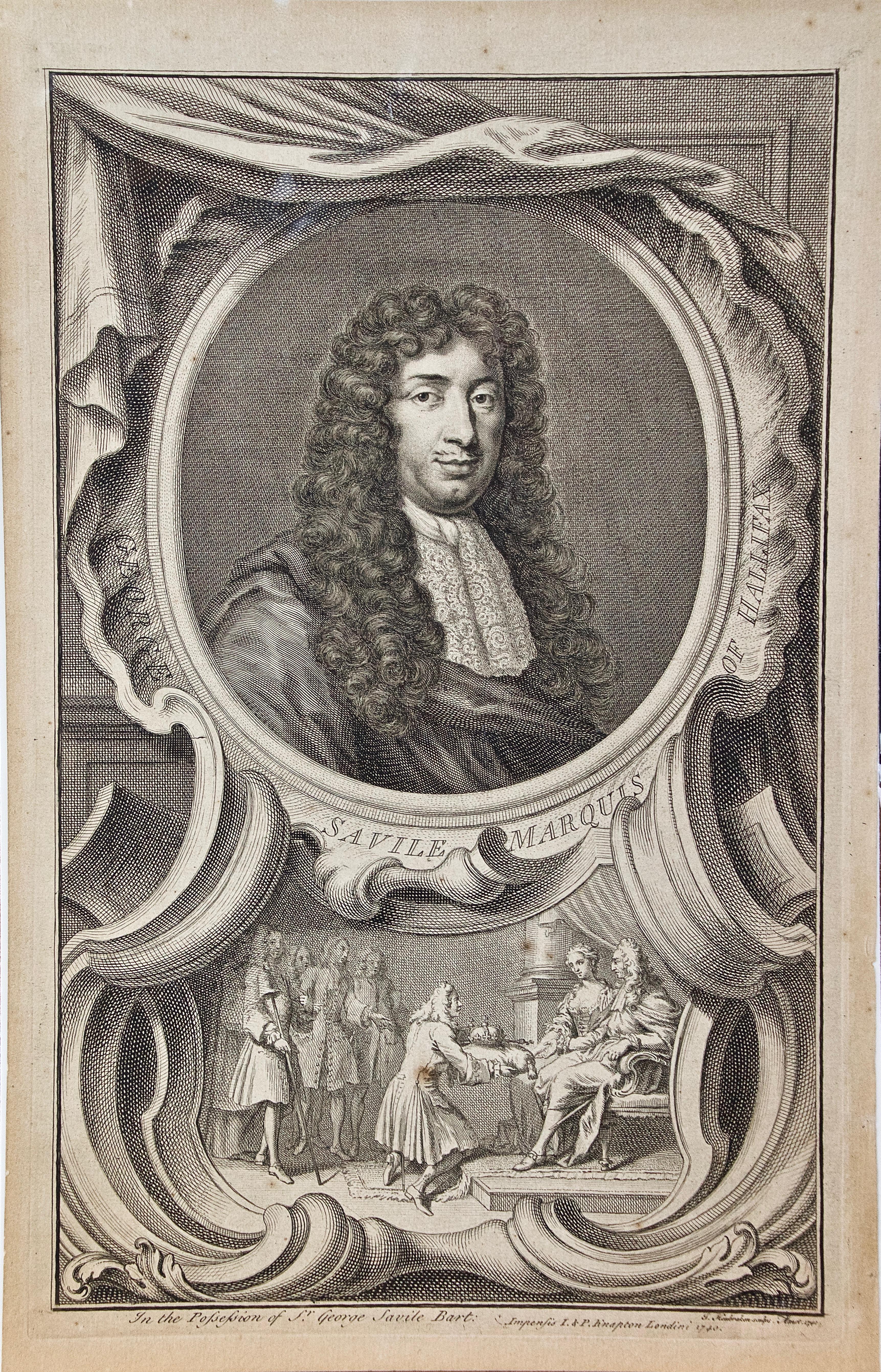 Jacobus Houbraken  Portrait Print - 18th Century Engraved Portrait of George Savile, Marquis of Halifax by Houbraken