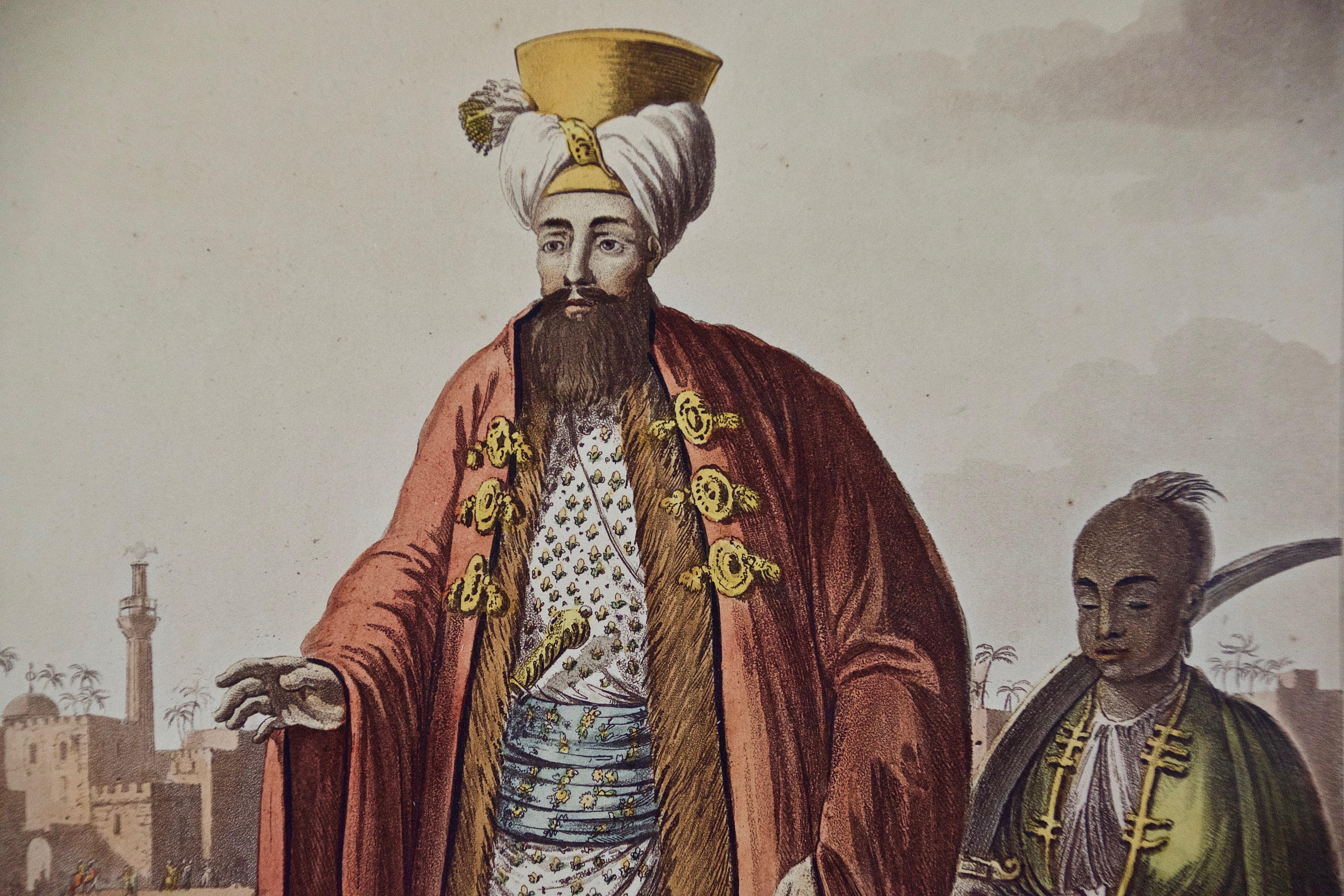 A Hand Colored Engraving of an 18th-19th Century Egyptian Ruler by Luigi Mayer  1