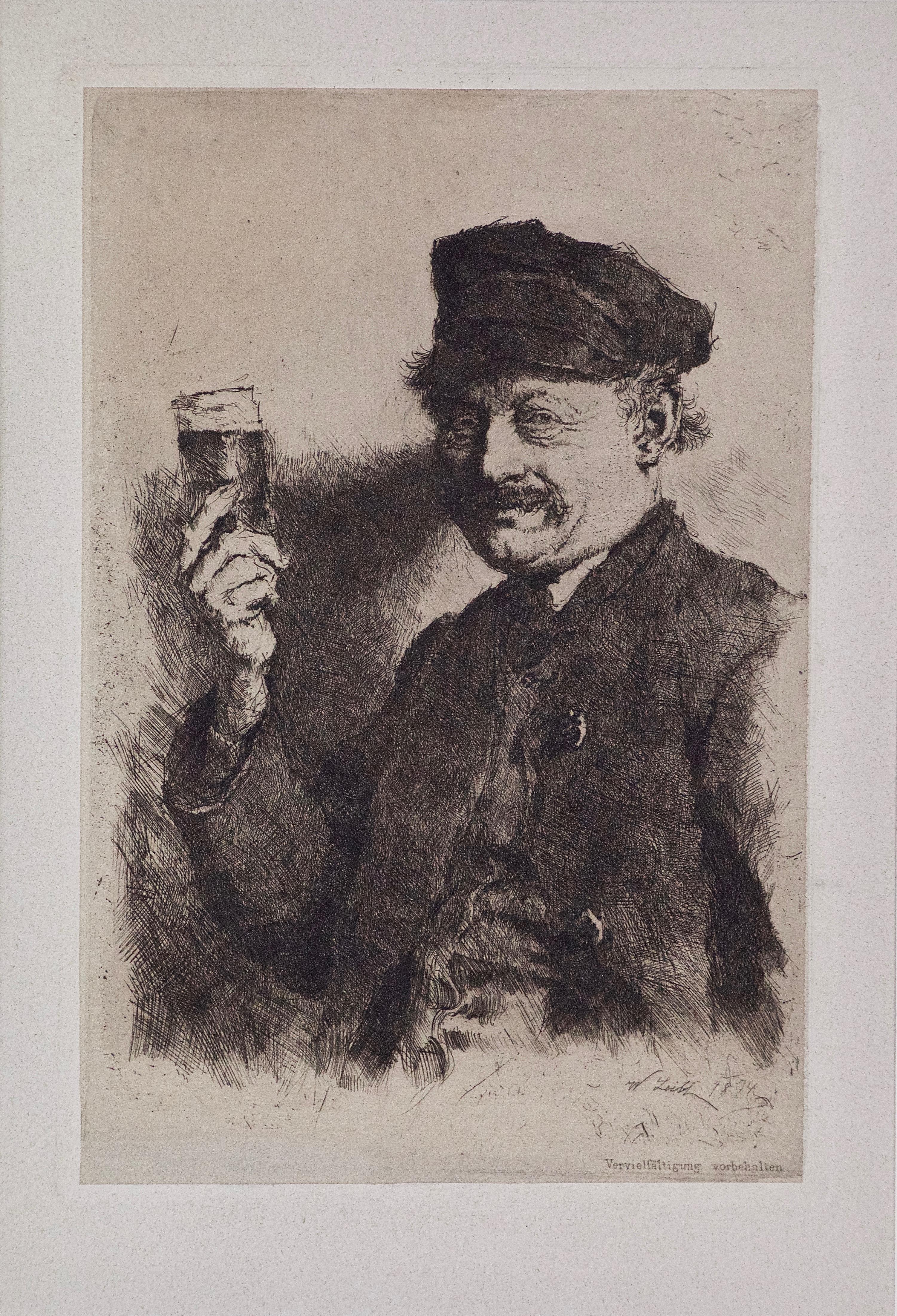 19th Century Etching Der Trinker (The Drinker, Portrait of a Brewer) by Leibl - Print by Wilhelm Maria Hubertus Leibl