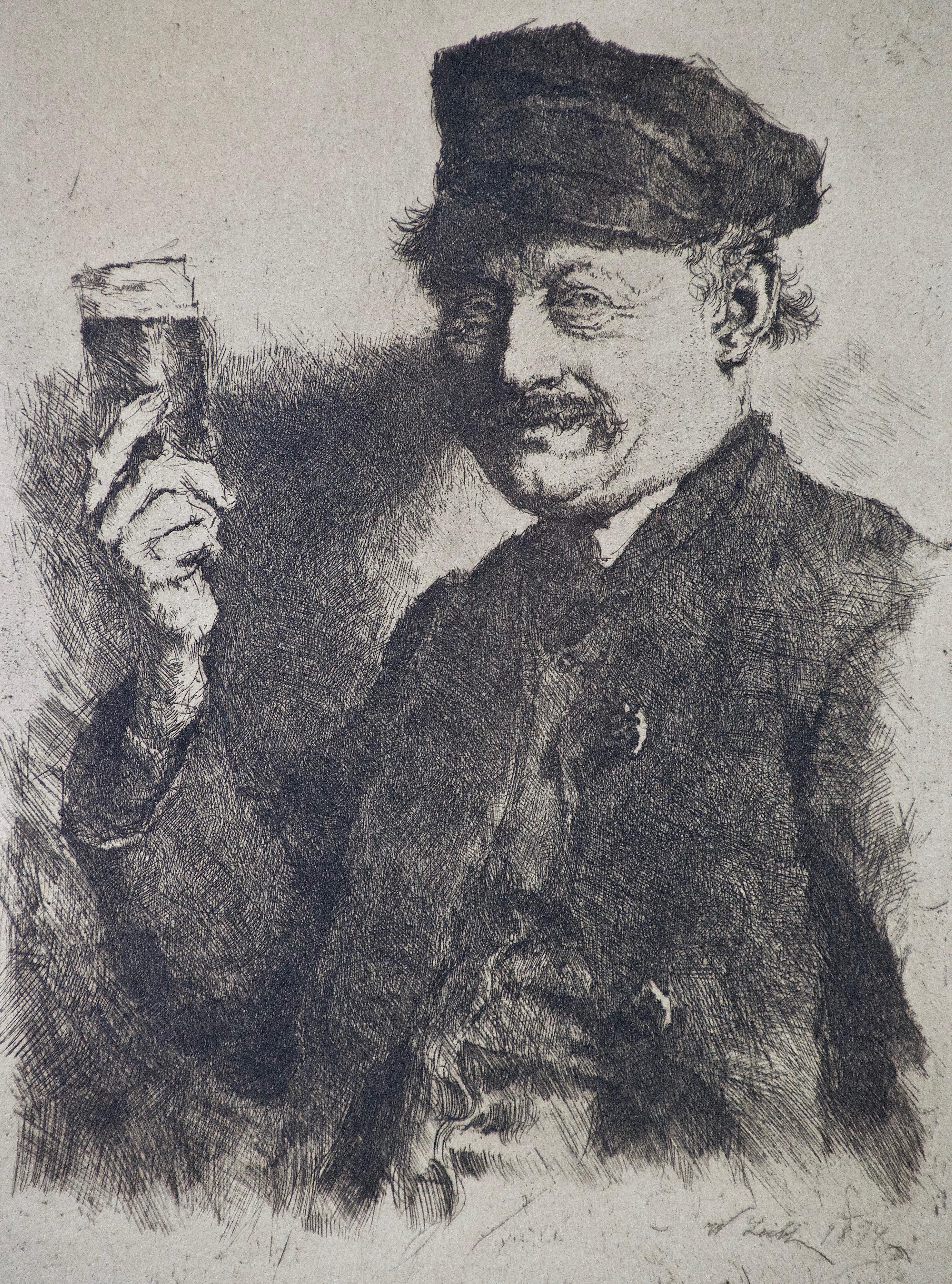 Etching Der Trinker (Der Trinker:: Porträt eines Brunnens) von Leibl:: 19. Jahrhundert (Grau), Figurative Print, von Wilhelm Maria Hubertus Leibl