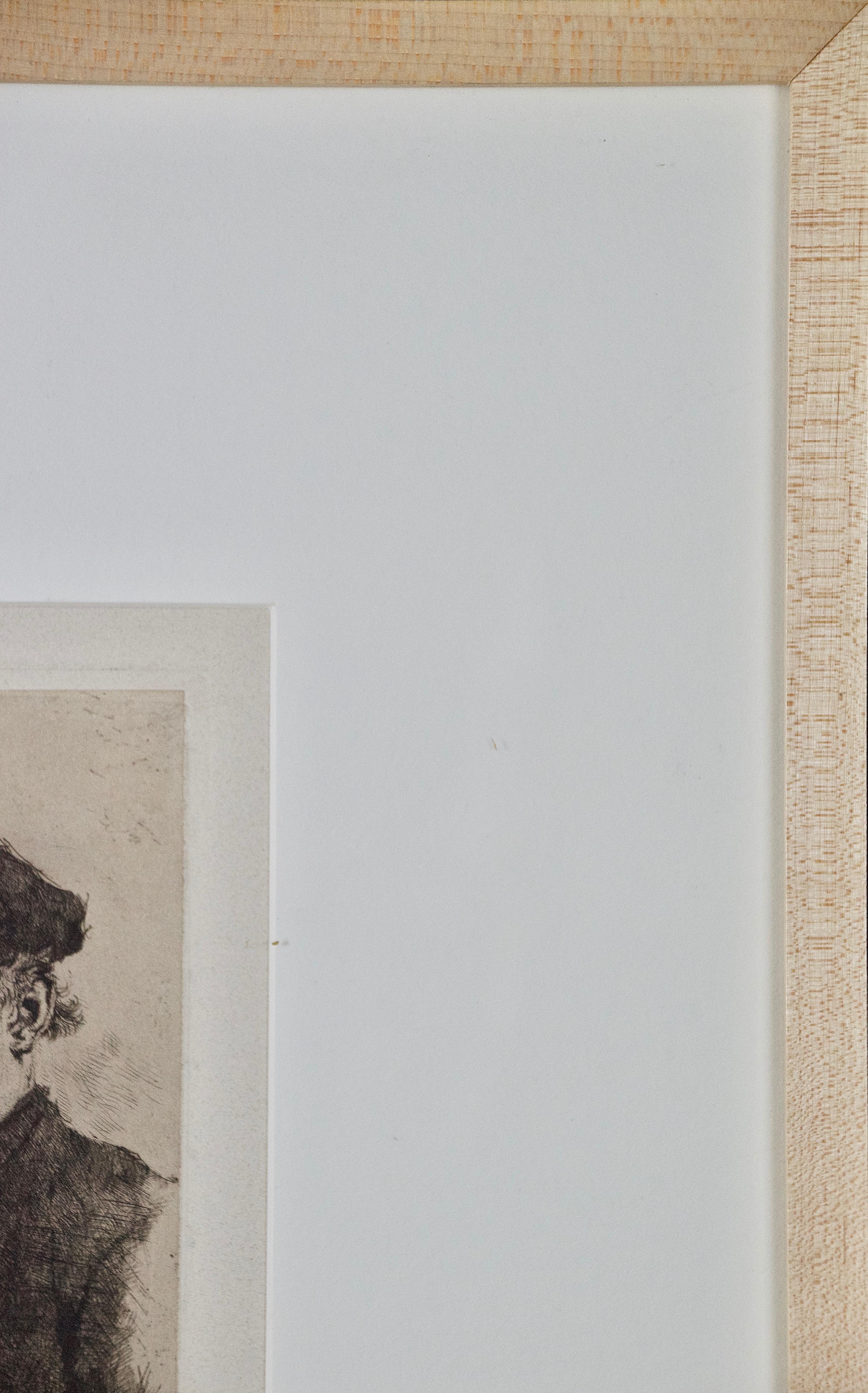 Eine Radierung aus dem 19. Jahrhundert mit dem Titel „Der Trinker“ (Der Trinker:: Porträt eines Brechers) von Wilhelm Maria Hubertus Leibl (18441900). Die Platte ist unten rechts mit dem Datum 1874 signiert. Es zeigt einen Mann:: der einen Hut trägt