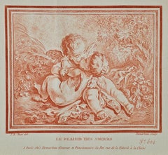 "Le Plaiser des Amours", 19th Century Romantic Scene of Kissing Cherubs by Huet