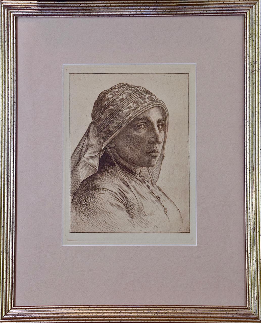  George Woolliscroft Rhead  Portrait Print - A Portrait of a Pensive Woman in a Head Scarf: An Etching by George Rhead