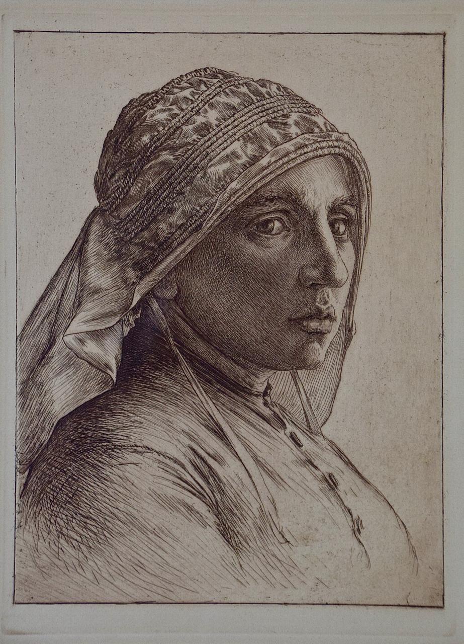 A Portrait of a Pensive Woman in a Head Scarf: An Etching by George Rhead - Print by  George Woolliscroft Rhead 