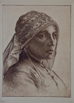 A Portrait of a Pensive Woman in a Head Scarf: An Etching by George Rhead