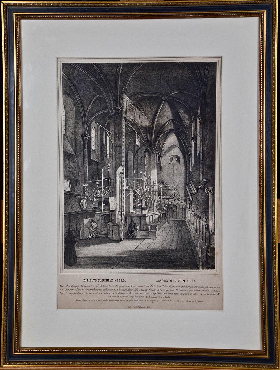Josef Manes Interior Print - Synagogue in Prague:  An Engraving of the Interior of "Die Altneuschule in Prag"