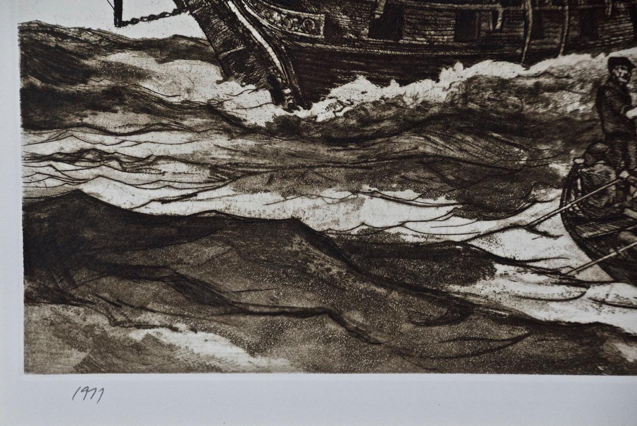 A set of three original pencil signed copperplate etchings of 19th century whaling scenes near Nantucket off the coast of Cape Cod, Massachusetts, created by Jack Coughlin in 1977. They are entitled: 