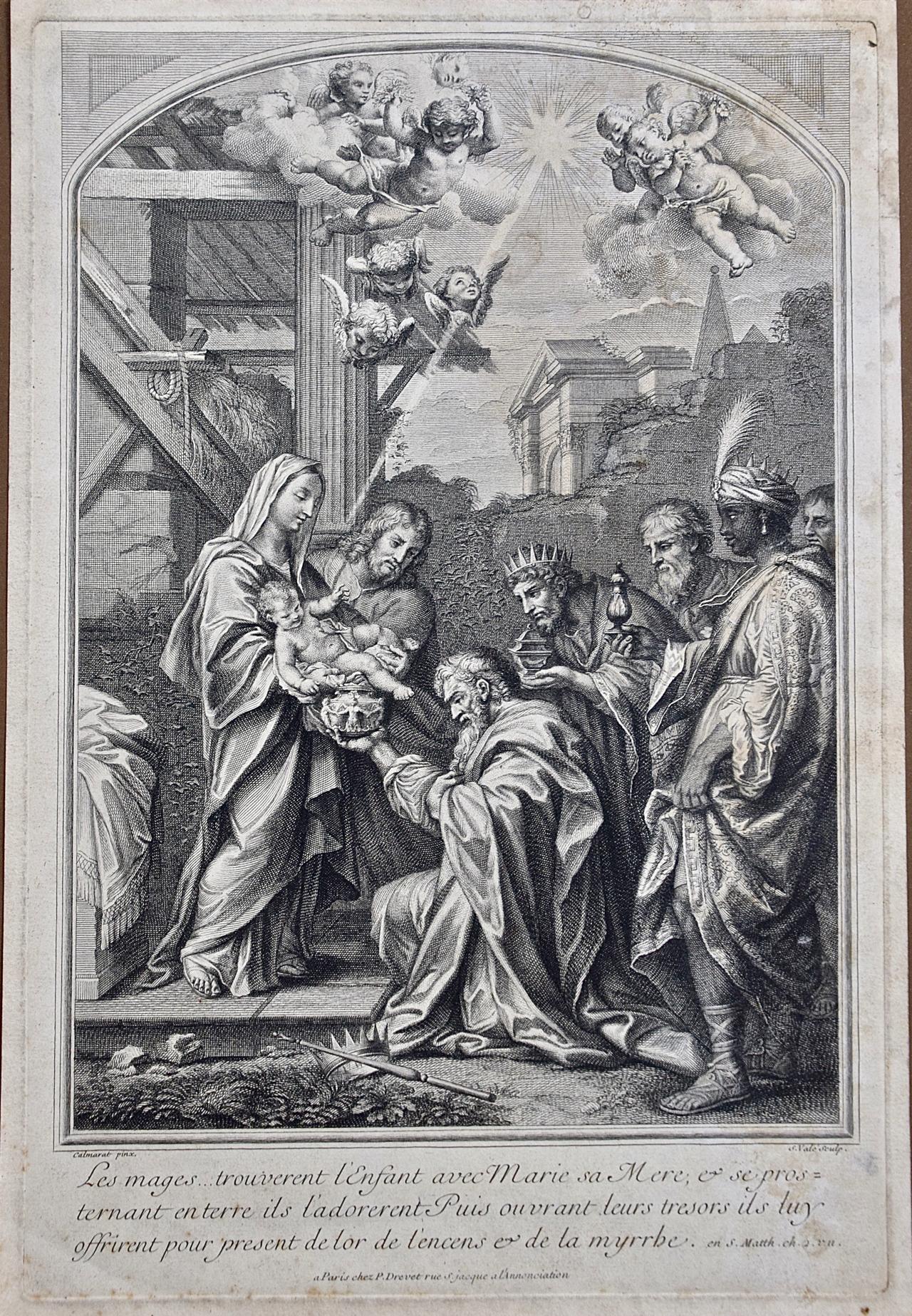 S. Vale after Calmarat Portrait Print – Das Geschenk der Magien: Ein religiöser Kupferstich von Vale, nach Calmarat, 18. Jahrhundert