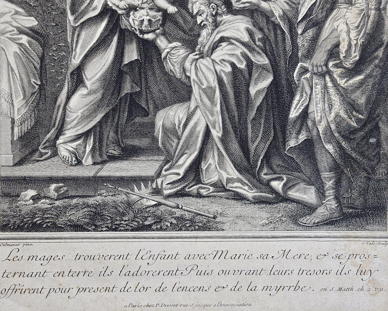 Le don des mages : une gravure religieuse du 18e siècle par Vale, d'après Calmarat - Gris Portrait Print par S. Vale after Calmarat