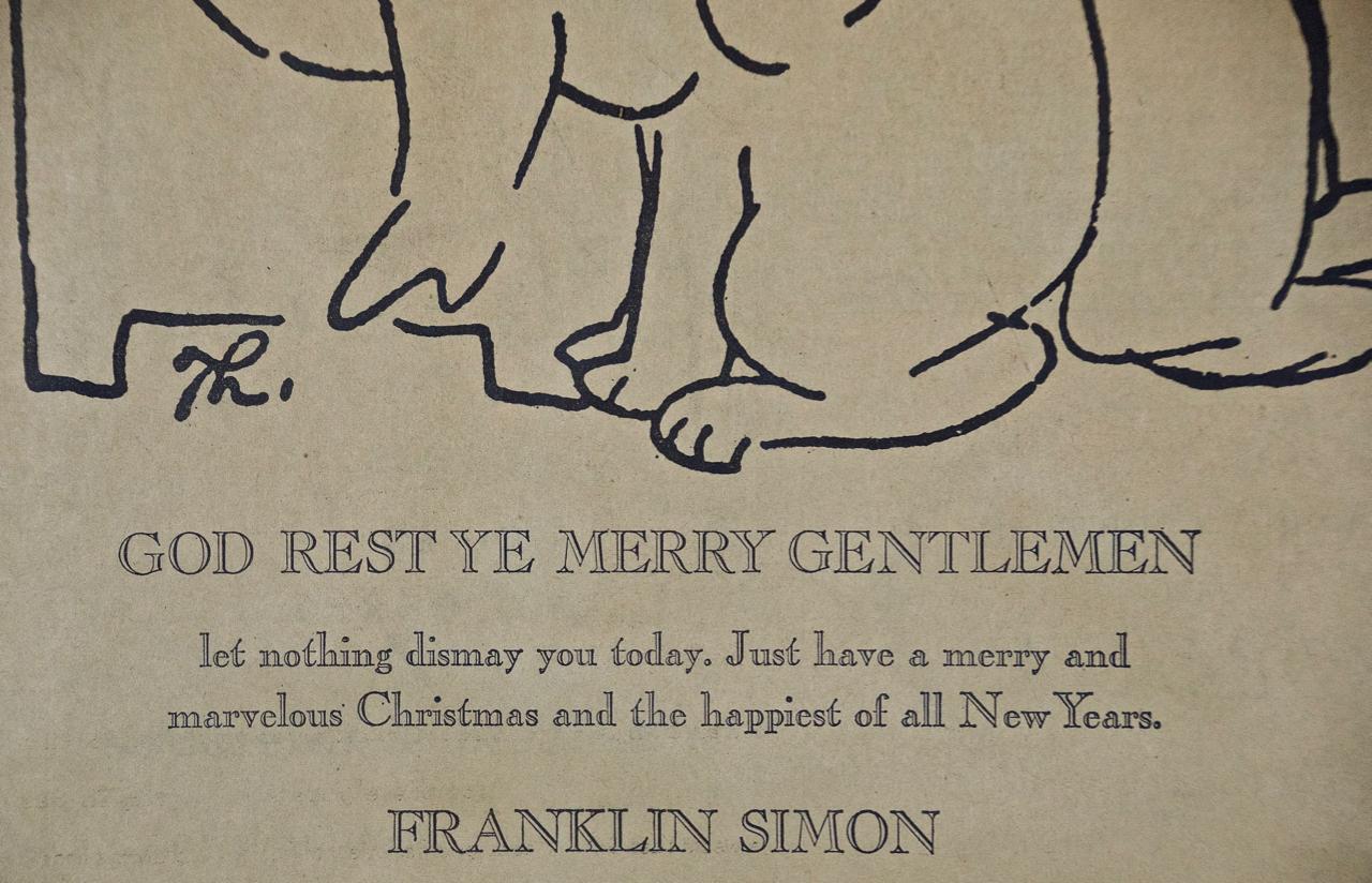 This is a rare Franklin Simon Department store Christmas lithographic poster with an image after a James Thurber cartoon drawing of a man in a chair with his dog at his feet. The drawing was done in Thurber's typical minimalist style of cartoons. It