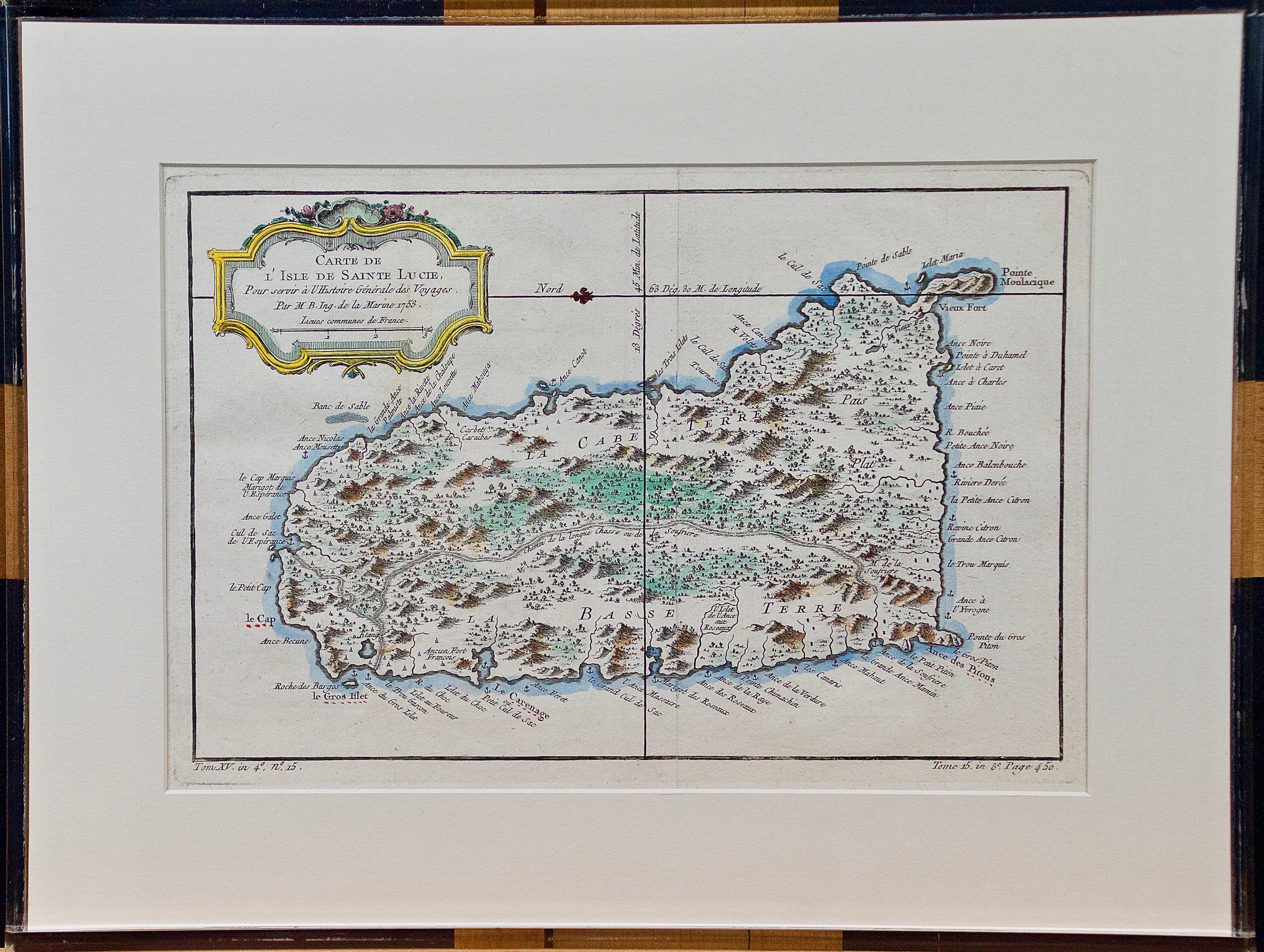 Jacques Nicolas Bellin Landscape Print – Bellin 18th Century Hand Colored Map of "L'isle de Sainte Lucie" (St. Lucia)