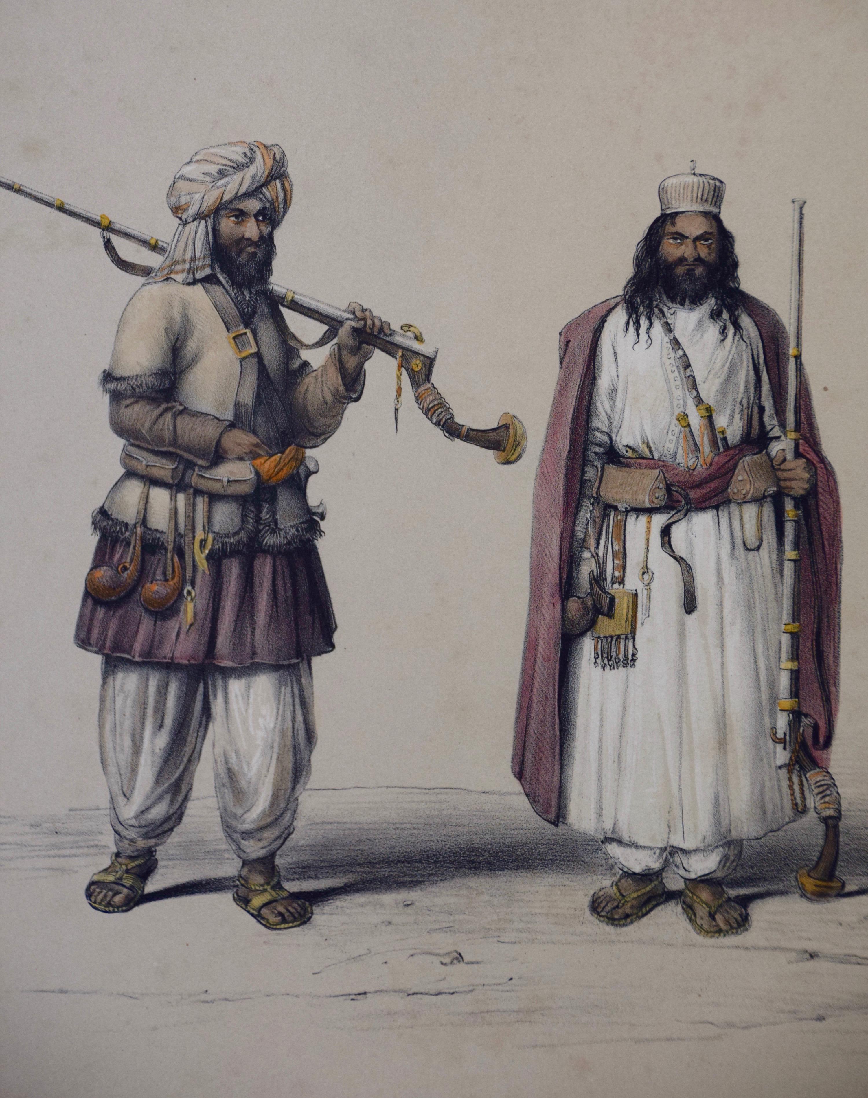 Paire de gravures représentant les costumes et les armes des hommes afghans du 19e siècle - Gris Portrait Print par Dr. James Atkinson
