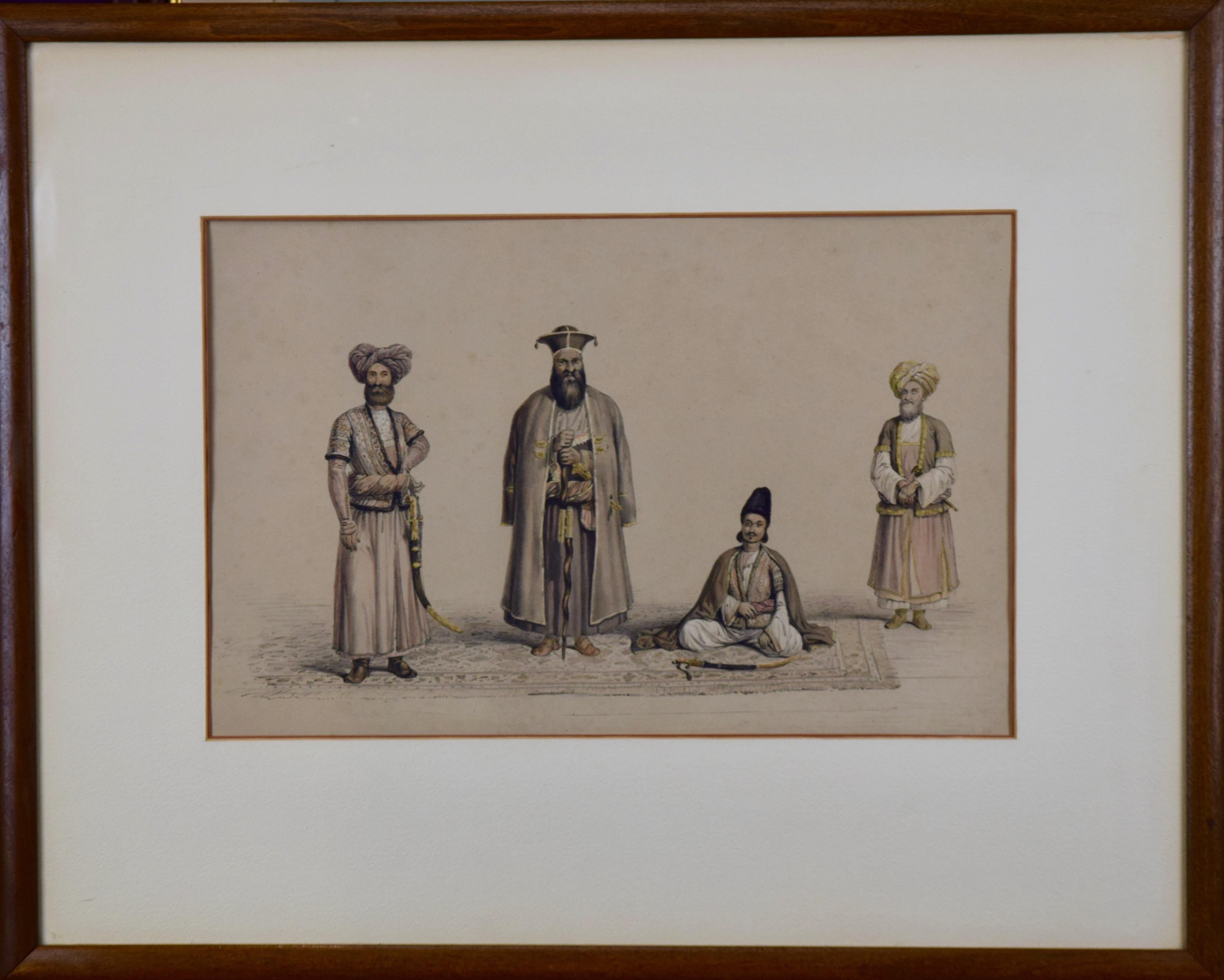 A Pair of 19th C. Engravings Depicting the Costumes and Weapons of Afghani Men - Gray Portrait Print by Dr. James Atkinson