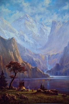 Native American Camp by a Lake & Waterfall, Limited Edition Signed Hartwig Print