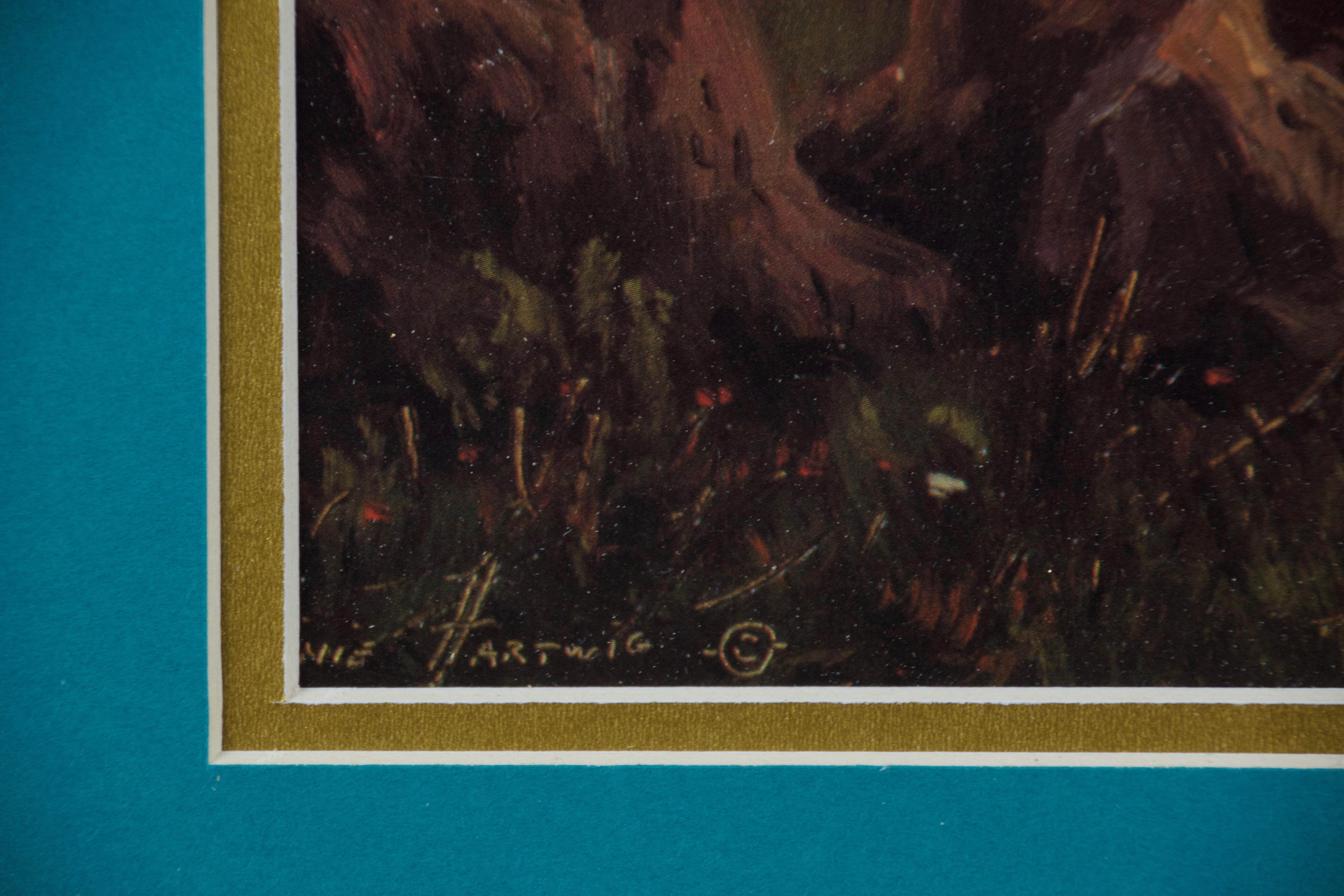 Native American Camp by a Lake & Waterfall, Limited Edition Signed Hartwig Print - Gray Landscape Print by Heine Hartwig