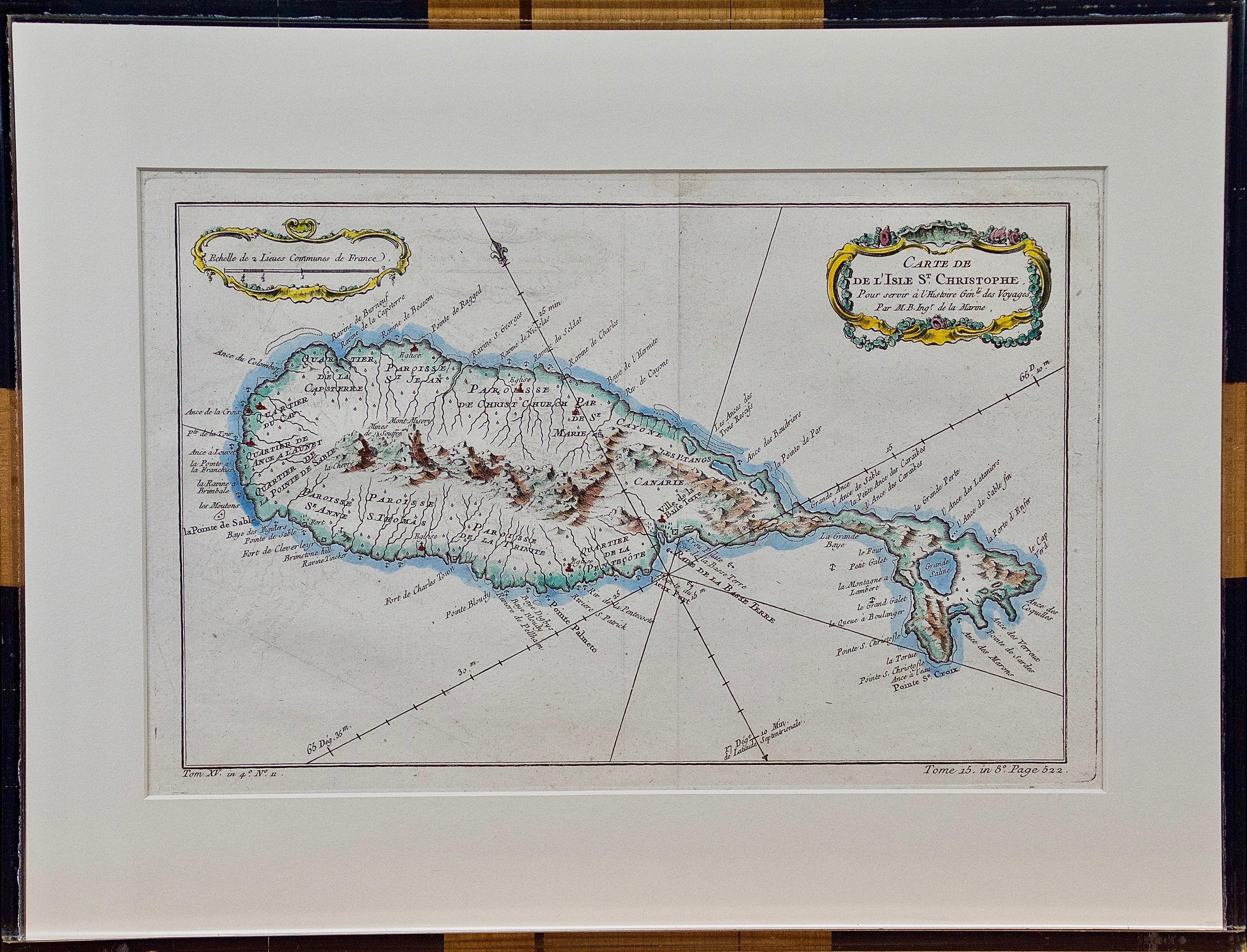 Jacques Nicolas Bellin Landscape Print - Bellin 18th Century Hand Colored Map of St. Christophe (St. Kitts)