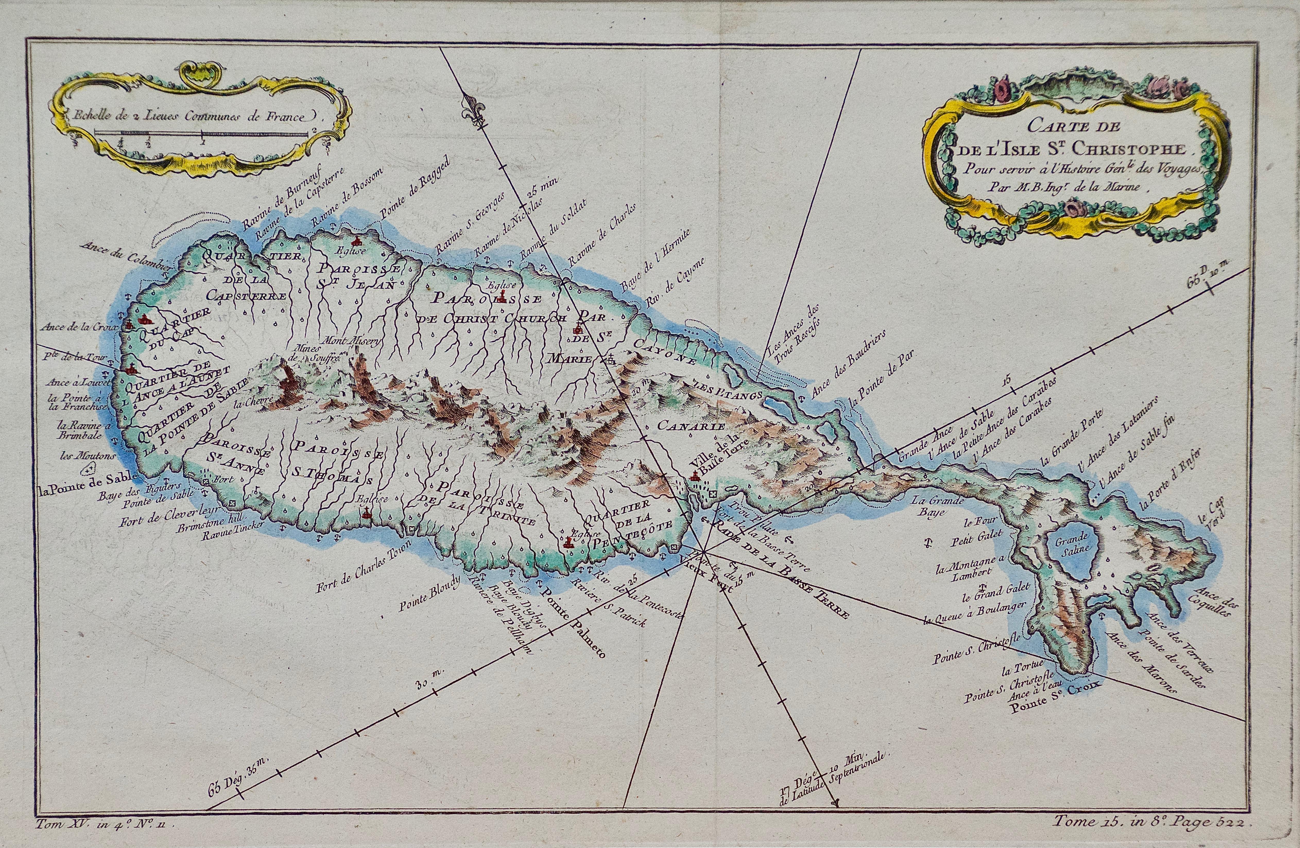 Bellin 18th Century Hand Colored Map of St. Christophe (St. Kitts) - Print by Jacques Nicolas Bellin