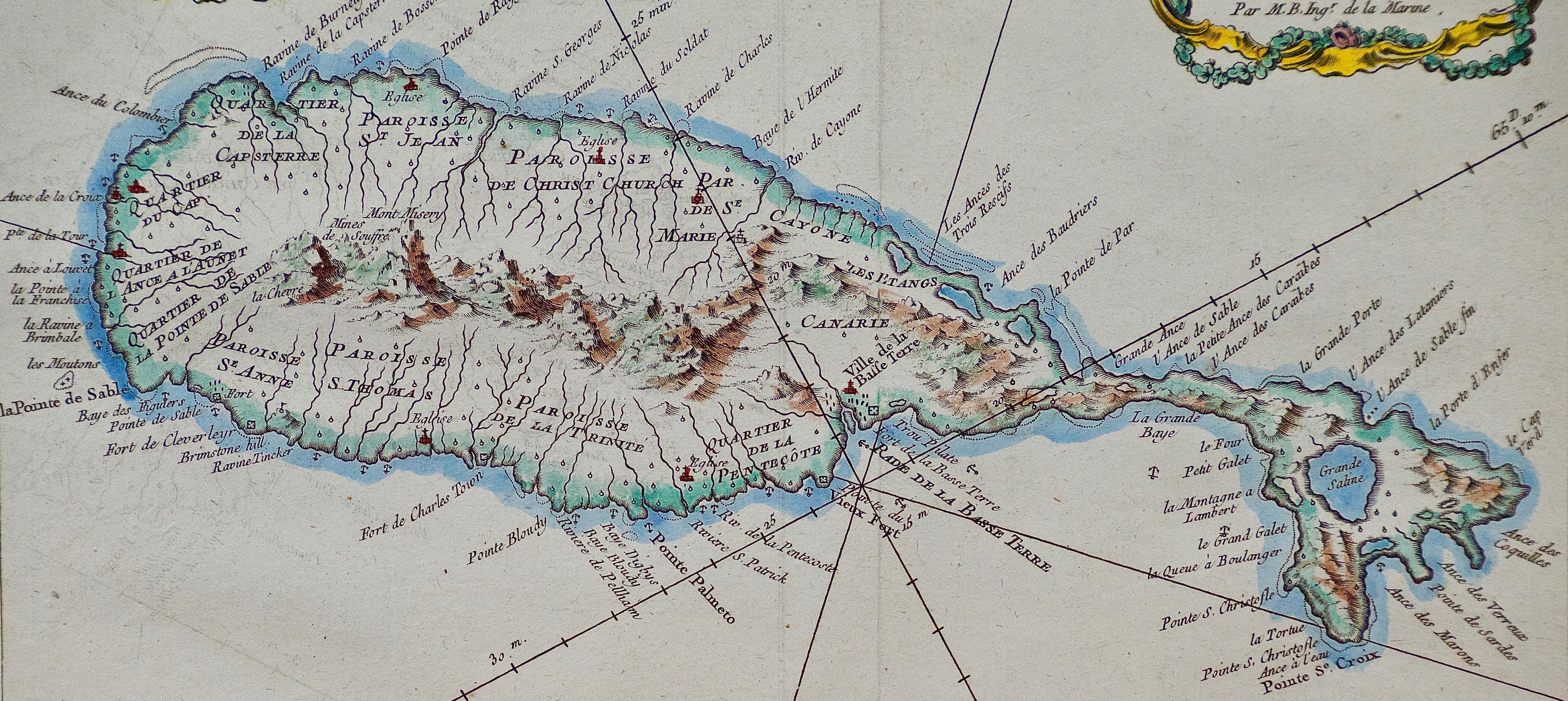 Bellin 18th Century Hand Colored Map of St. Christophe (St. Kitts) - Other Art Style Print by Jacques Nicolas Bellin