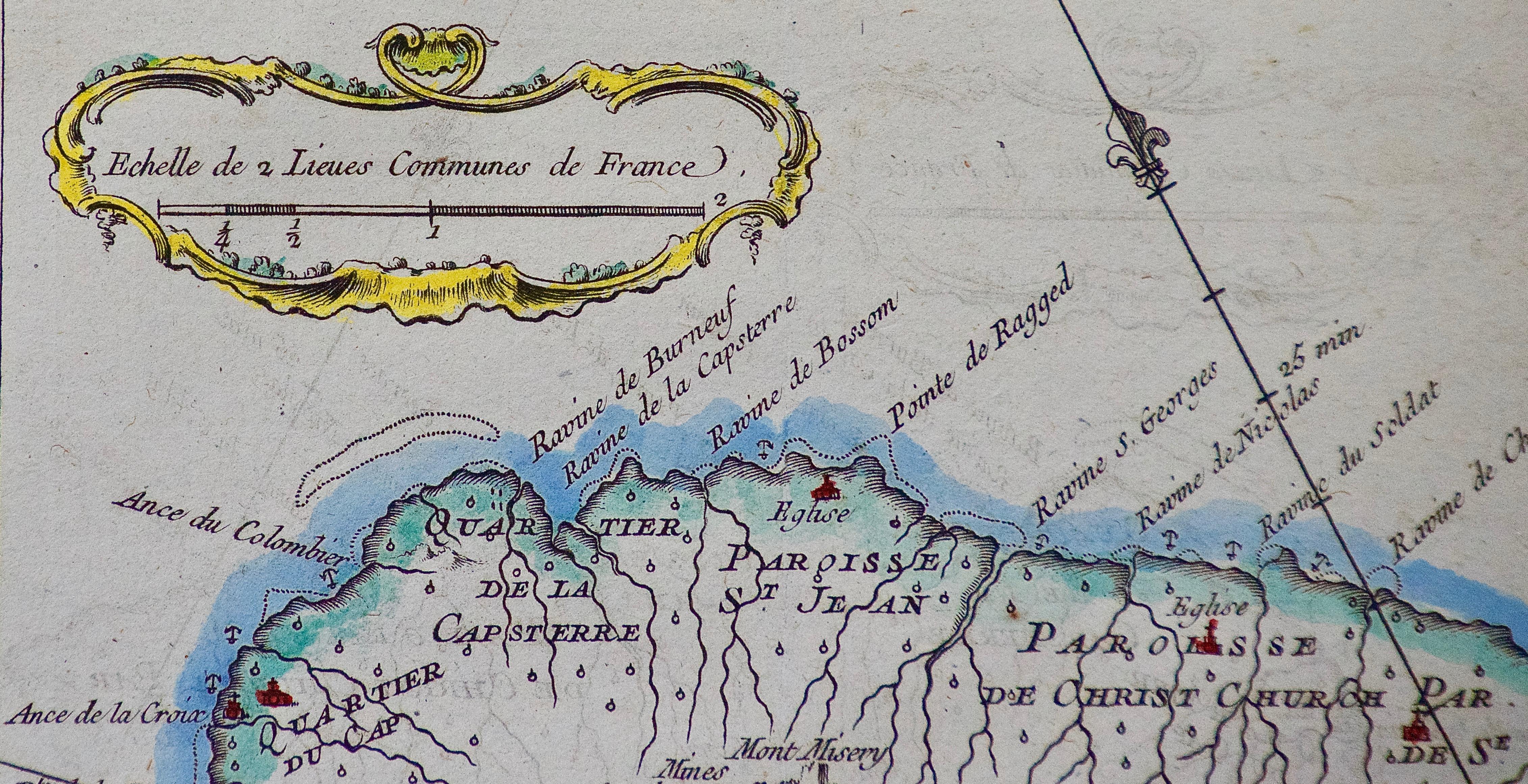Jacques Bellin's hand colored copper plate map of the Caribbean island of Saint Kitts entitled 