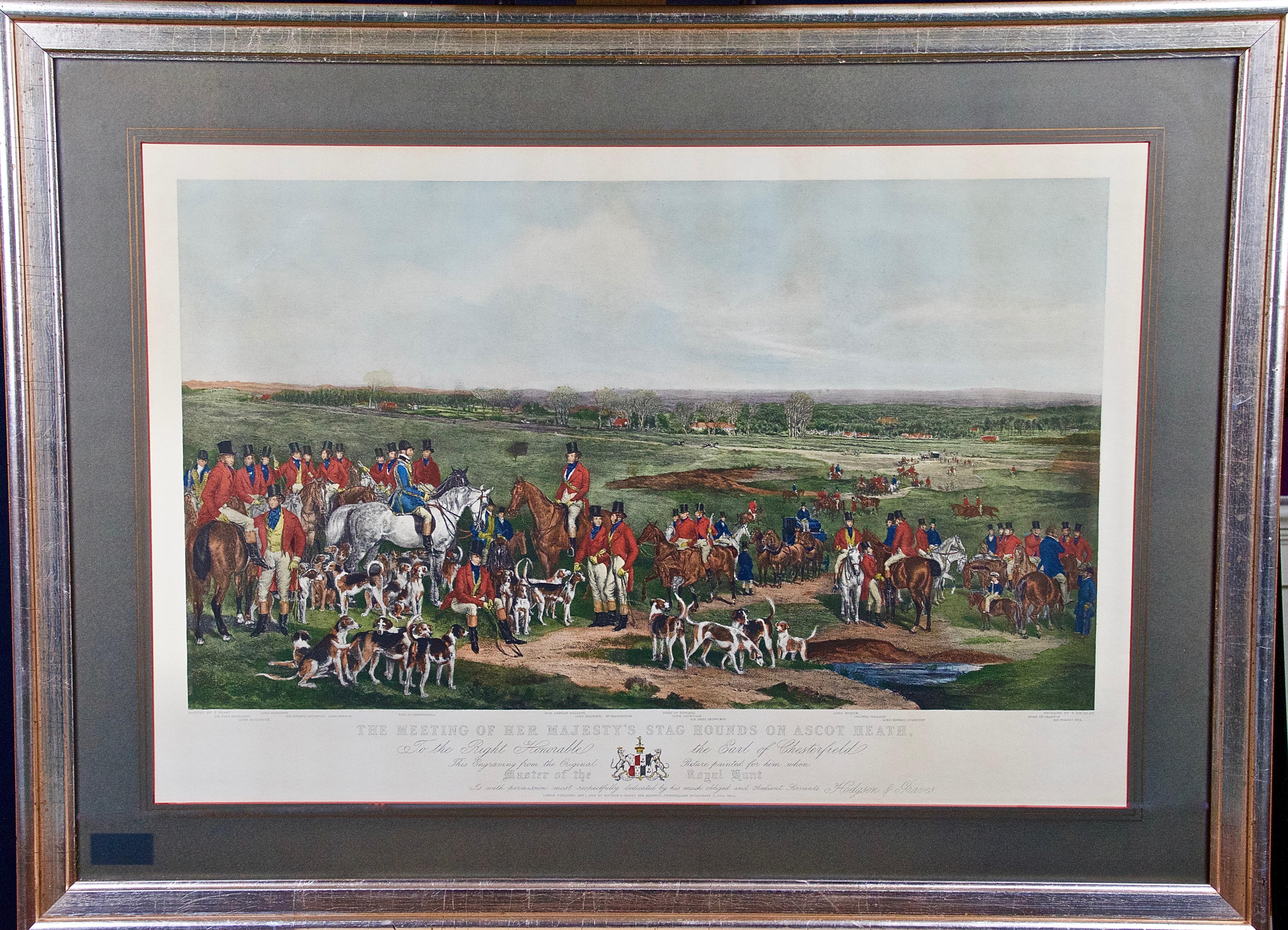 Francis Grant  Animal Print – Her Majesty's Hirschhunde auf Ascot, farbige britische Jagdszene des 19. Jahrhunderts