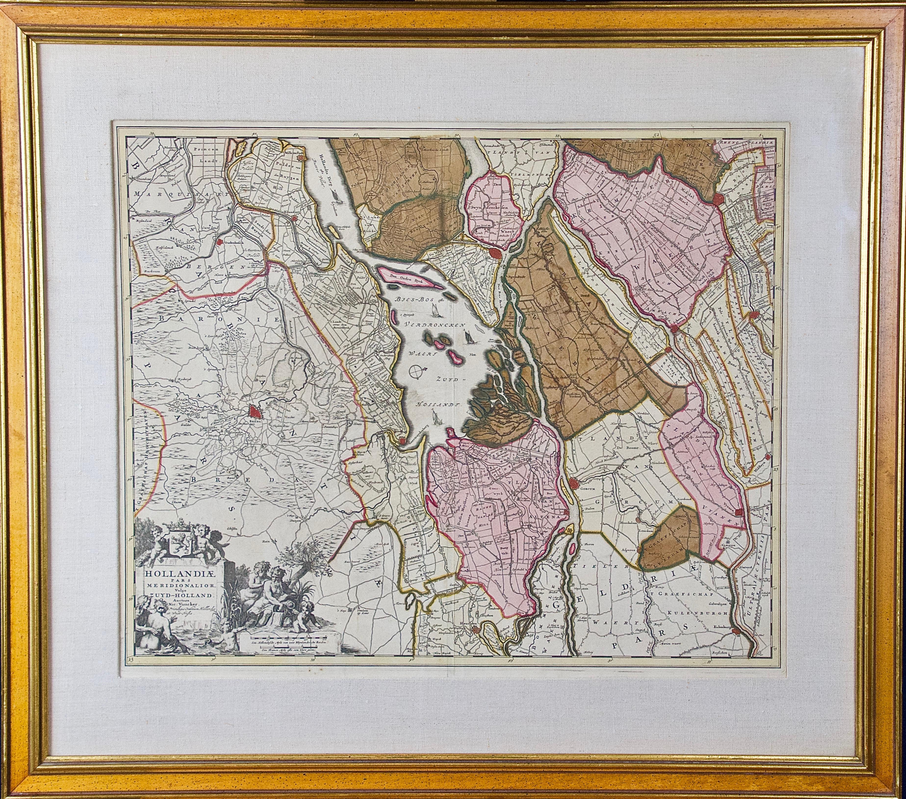 Nicolaus Visscher Landscape Print - Southern Holland: An Original 17th C. Hand-colored Visscher Map "Hollandiae"